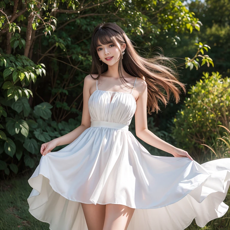 (best quality, masterpiece:1.2), ultra-detailed, picturesque girl, youth model, sweet girl's clothing, strapless dress, jewellery, swimming under the waterfall, swimming in the river, wet all over, 3D rendering, vibrant colors, physically-based rendering, slender figure, long legs, radiant smile.