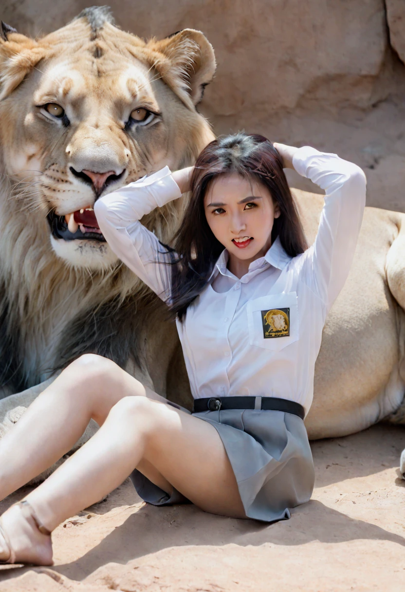 "Create a dramatic scene of an Indonesian girl in a white long-sleeved shirt (OSIS logo on the shirt pocket) and a gray pencil skirt. The girl, lying helplessly attacked by a powerful lion, her white shirt torn by the lion's claws. The powerful lion, grips and tramples the girl's body on the rocky ground with its claws outstretched and its teeth bared. The background is a rough rocky terrain, which adds to the tension and intensity of the fight. The focus should be on the moment of confrontation, which captures the pain and fear of the beautiful girl and the lion in this epic battle."