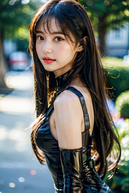 ((Park fountain:1.3)), (8k, RAW Photos, Highest quality, masterpiece:1.2), (Bun twin tail), alone, Looking at the audience, Viewed from the front, ((性欲が強いhigh school girl:1.4))、Beautiful white skin, knees, Absurd face is small, Part your bangs down the middle, The forehead is visible, Glare, ((Sexually mischievous face:1.5)), Ultra-high resolution, cute, Slender body line, Outstanding proportions, ((A neat, smooth and tight suit)), high school girl, (:1.5), Japanese women, Are standing, (Photorealistic:1.37), Photon Mapping, Realistic, cute顔が小さい, Brown eyes, prospect, Written boundary depth, Blurred Background, (I can see the bangs), Silky smooth hair, (Beautiful thin thighs:1.2), (Small beautiful butt:1.2), Light clothing, thigh, Nogizaka idol, Idol, (Detailed hands:1.3, Accurate hands:1.1, Beautiful little hands of a girl:1.3), (Small small breasts:1.3, Cleavage), Super quality, Low people, (Clear white skin, Skin with visible pores:1.2), (Focus on the face), Check and correct the garment construction, (Perfect Anatomy:1.3), (Detailed eyes and face:1.3, Professional photography techniques), ((Random mischievous pose:1.3))