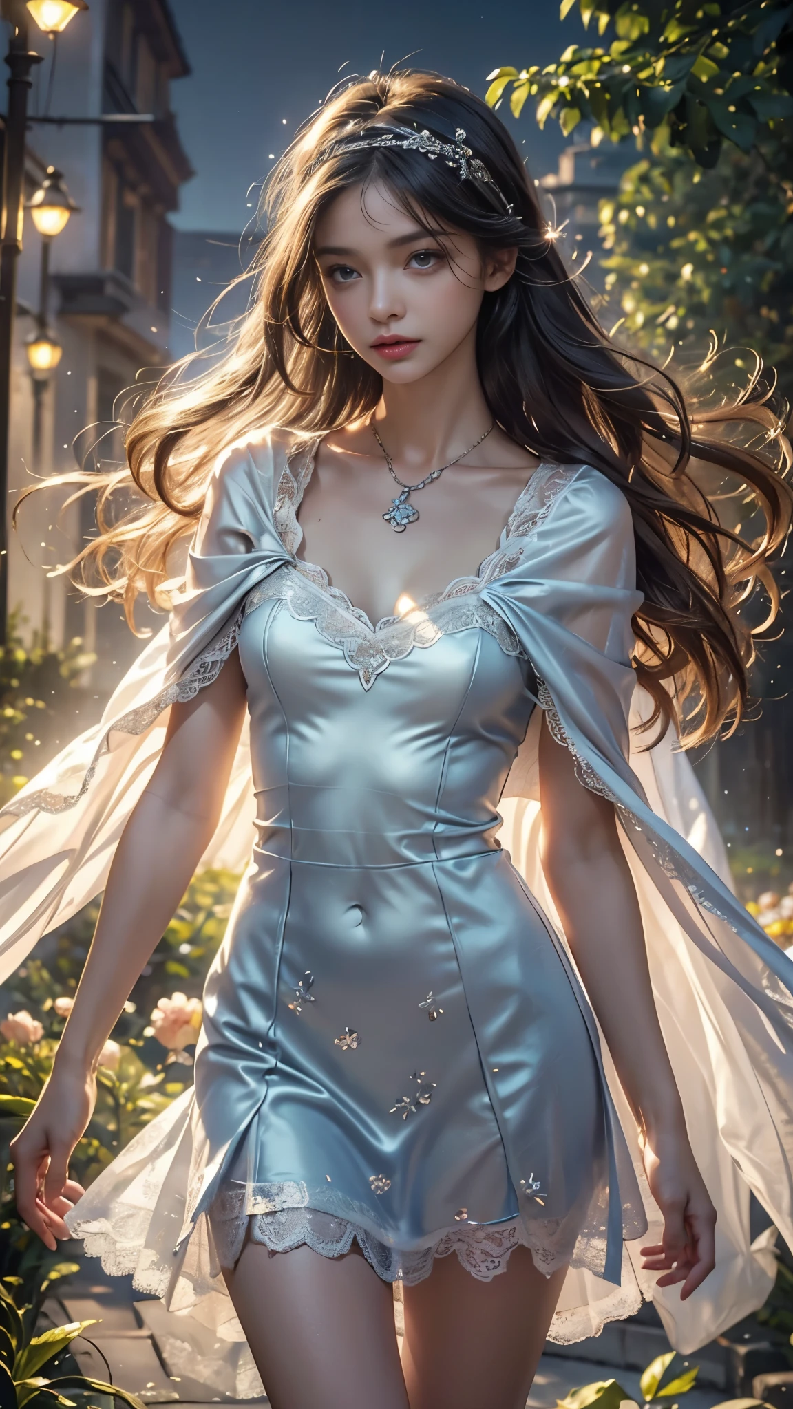 4K, UHD, Masterpiece, 1 girl, good face, detailed eyes, ((very long hair)), bridal hairstyle, butterfly on hair, ornaments, crystal ornaments, jwellery, block print dress, ((rainbow dress)), very detailed dress, strap dress, flowing cape, mesh stocking, cinematic unreal scenery, legendary scenery, rainy weather, wet ground, depth of field, ray tracing, bloom, god rays, lens flare, sun flare, cinematic pose,