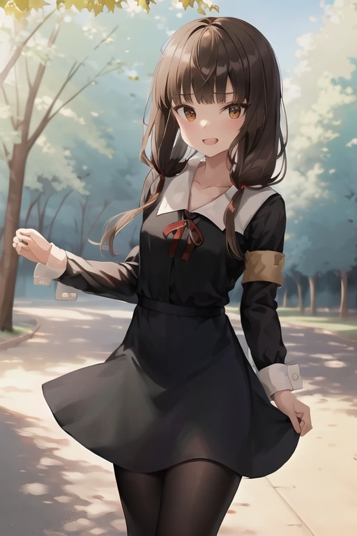 masterpiece, best quality, highres, bbmiko, long hair, low twintails, blunt bangs, collarbone, neck ribbon, red ribbon, black dress, black shirt, long sleeves, black sleeves, armband, black pantyhose, standing, cowboy shot, outdoors, show panties, lift skirt, show teeth, low_angle_human,show white panties:1.5, 