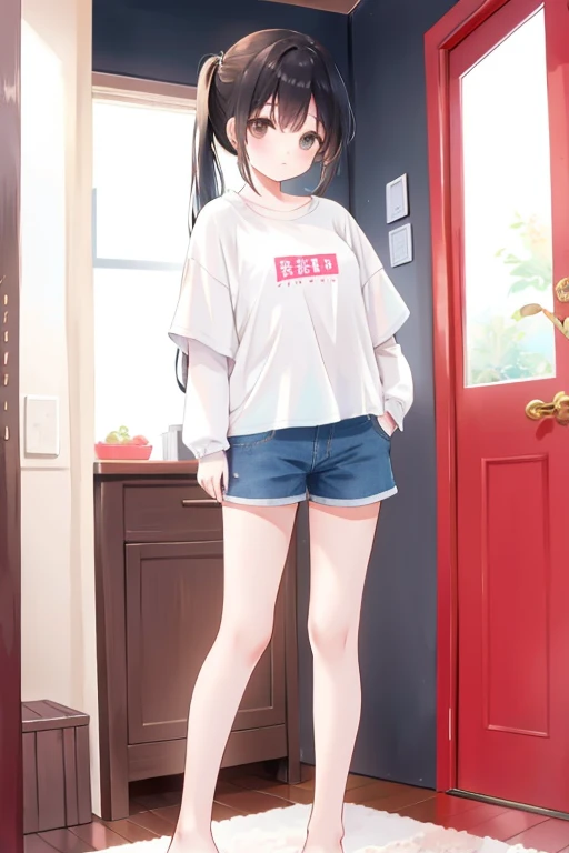 Modern house in Japan、entranceway、(Best Quality, masutepiece, Perfect face, Beautiful and aesthetic:1.2, Colorful, Dynamic Angle, highest detailed face), Cute standing in front of the door, door, 1girl in, Japanese, 18year old, Solo, hand between legs, sox, between legs, blush, Bangs, Primary color T-shirt, peeing self, pee,(Peeing), Pee accident, Urination in clothes, Urination,((Urine drips from her)), bending forward, thick thighs, Wet your thighs with urine, light brown hair, White shorts, Half-closed eyes, sports shoes, Full body, Hair Ornament, White socks, breasts, Medium Hair, puddle, Looking away, Closed mouth, Tears, embarrassed, Wet, x-shaped pupils, Black eyes, (High contrast, Official art, ighly detailed, highest details)