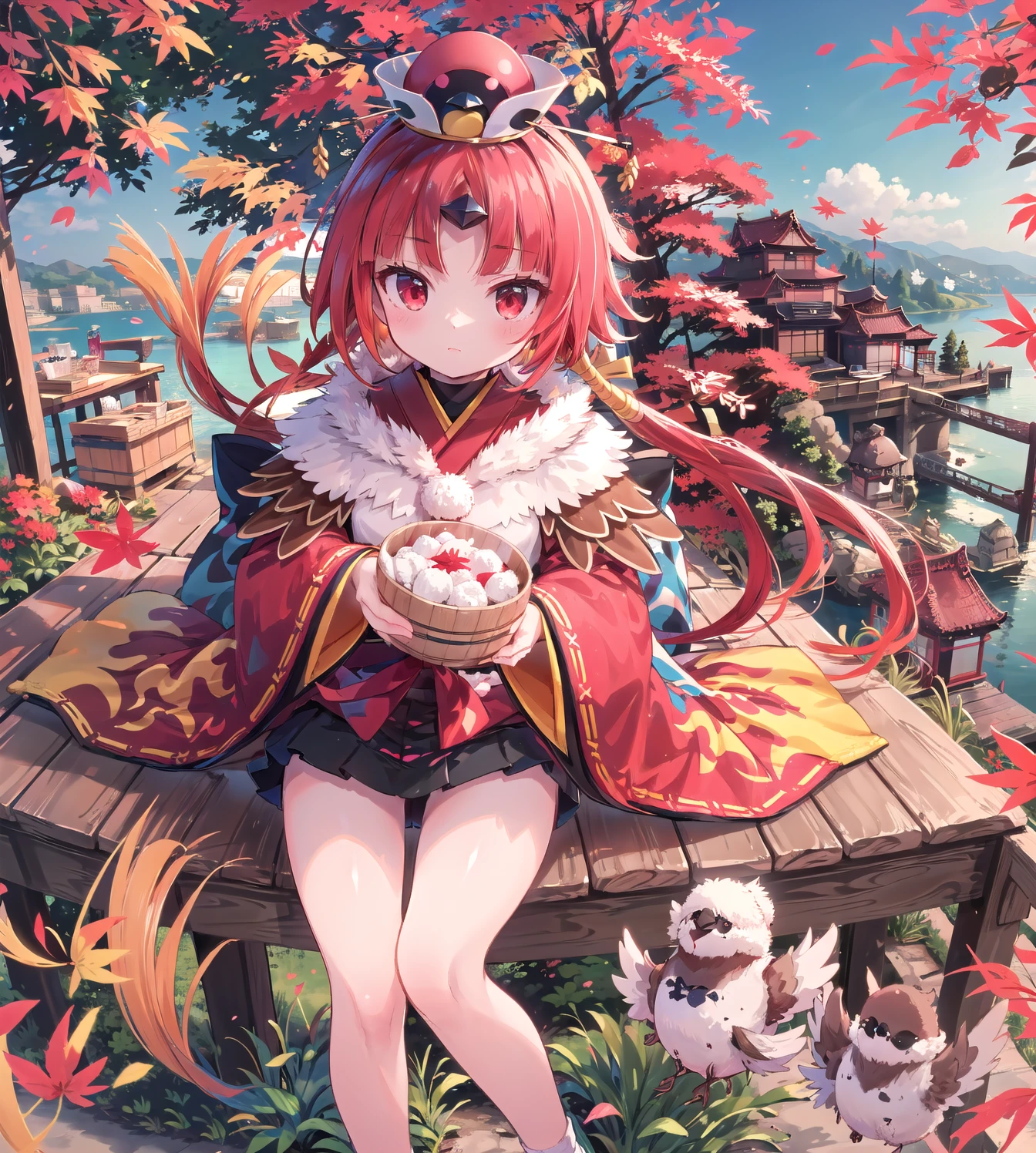 ((masterpiece,best quality:1.2)),(red leaves:1.3),(nature:1.2),((magnificent panorama view:1.3)),(lake:1.2),Lunch Box,birds eye view,1girl,be_nienma,wide sleeves,((red japanese clothes:1.2)),red hair, 2 small white pom-poms,parted sleeves past wrists,Black mini skirt,hat