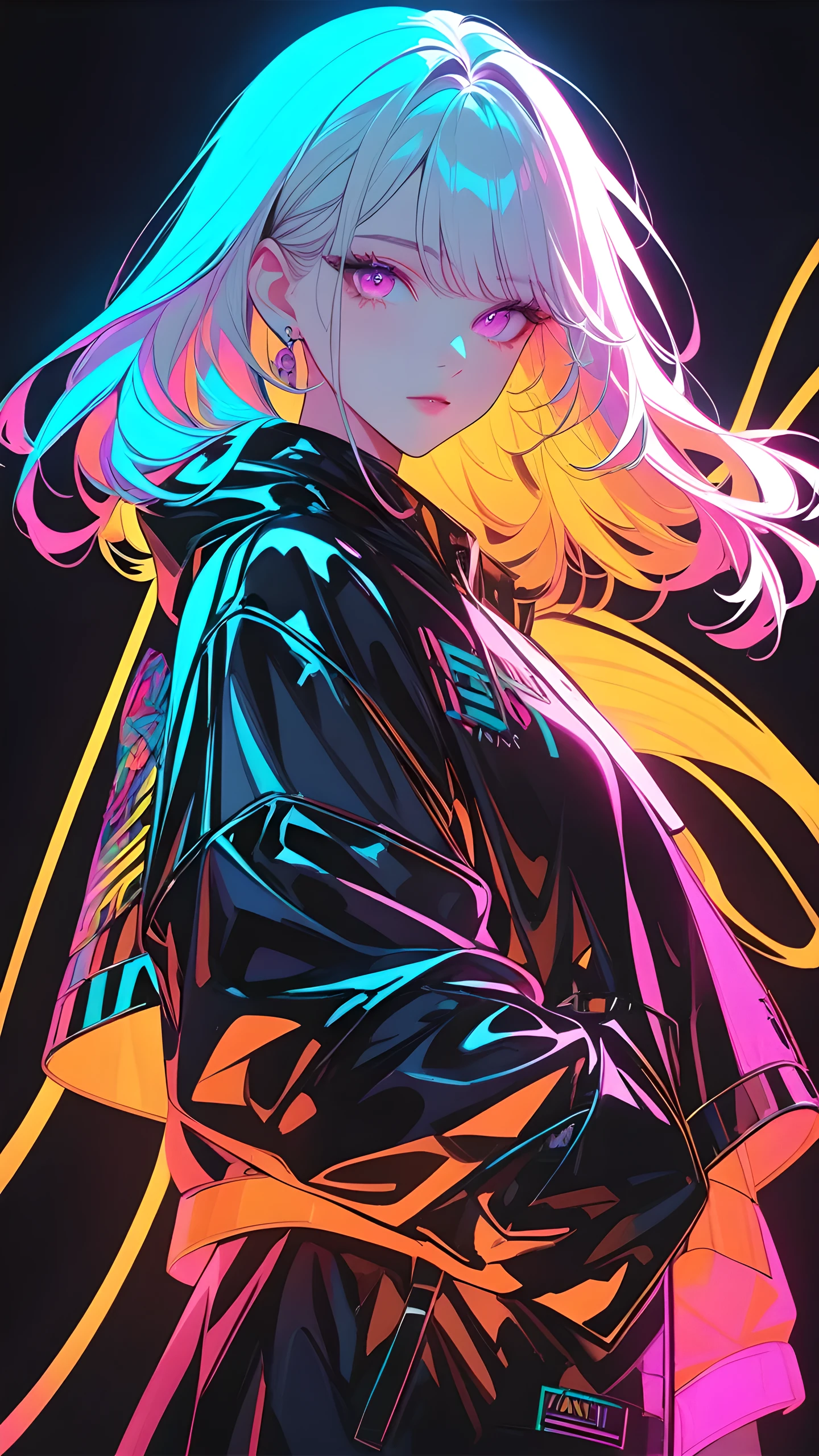 (Masterpiece, bestquality:1.2, highly detailed), 1girl,limited palette,black background,colorful,vibrant,glowing outline,neon,blacklight,stylish,chinese artist,black and white,looking at viewer,