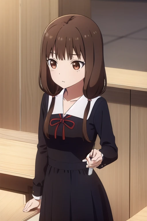 mikoiino, miko iino, blunt bangs, (brown eyes:1.5), brown hair, hair tie, long hair, low twintails, red ribbon, ribbon, twintails,
BREAK (long sleeves:1.2), dress, ribbon, school uniform, collarbone, (black dress:1.2), sailor collar, white sailor collar, red ribbon, neck ribbon, shuuchiin academy school uniform, armband,
BREAK indoors, classroom,
BREAK looking at viewer, (cowboy shot:1.5),
BREAK (masterpiece:1.2), best quality, high resolution, unity 8k wallpaper, (illustration:0.8), (beautiful detailed eyes:1.6), extremely detailed face, perfect lighting, extremely detailed CG, (perfect hands, perfect anatomy),