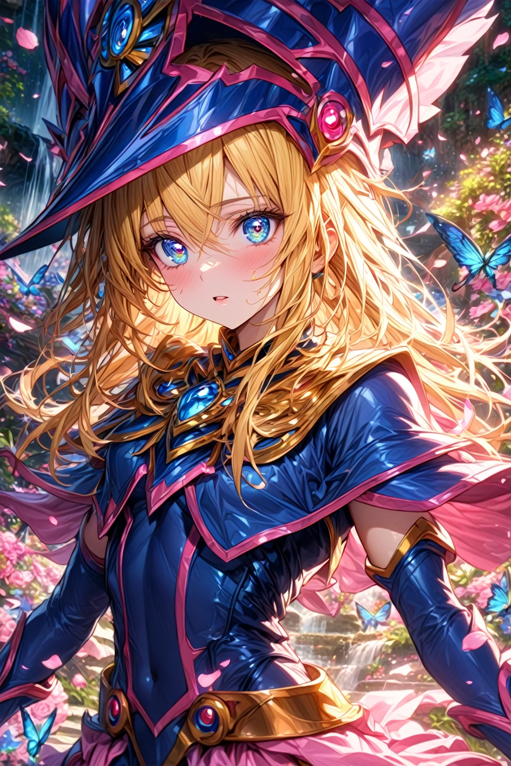 absurdres, highres, ultra detailed, HDR, master piece, Dark Magician girl, blonde hair, expressive blue eyes, woman, best quality, Yu-Gi-Oh, solo, sensual, extremely beautiful, petals, blue and pink clothes, detailed face, glittering eyes, detailed eyes, garden, accessories, blue butterflies, pink flowers, petals, waterfall, 