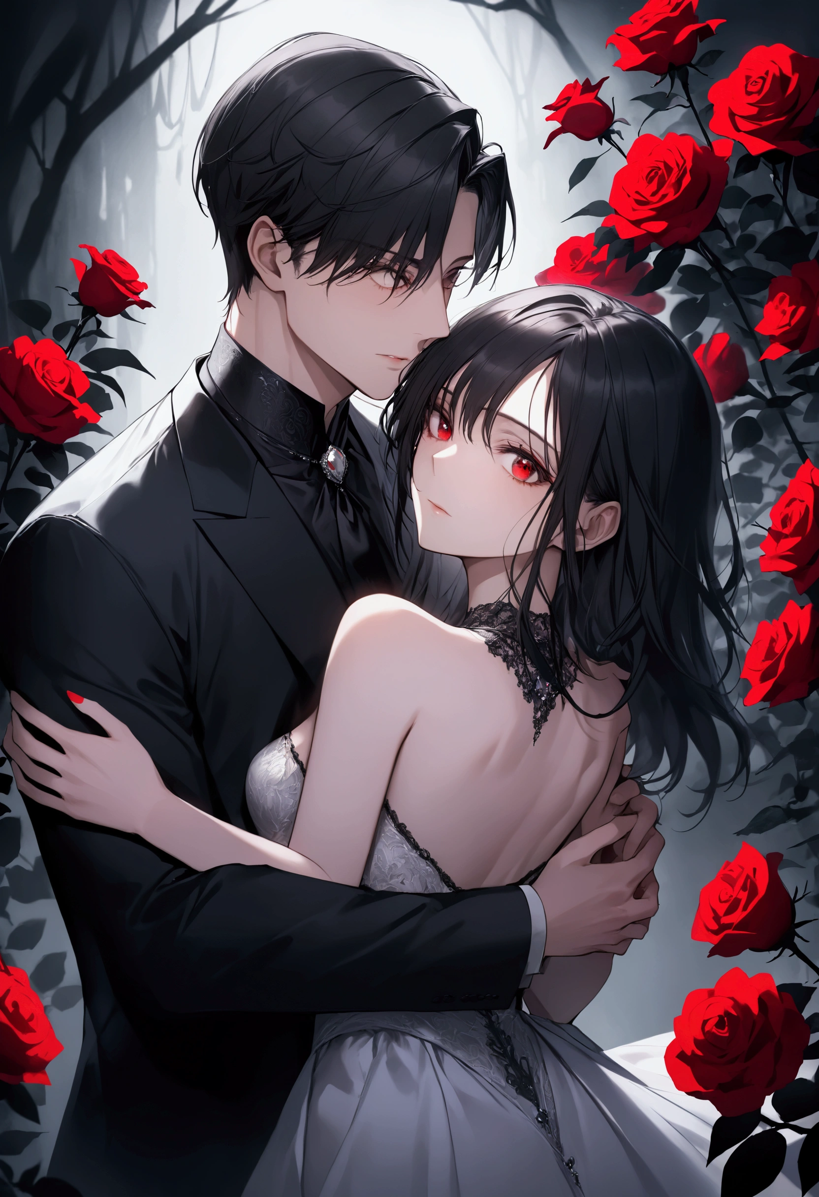 Main picture:
- Images of young couples in loving positions such as kissing or hugging may be used, but keep it mysterious and dangerous.
- Silhouettes of two mafia families who are bitter enemies in the background. show conflict

color:
- Use dark and dull tones such as dark red, dark blue, black to reflect the dangerous atmosphere of the mafia world.
- Use red as a highlight, such as scattered red leaves. to show violence and blood

