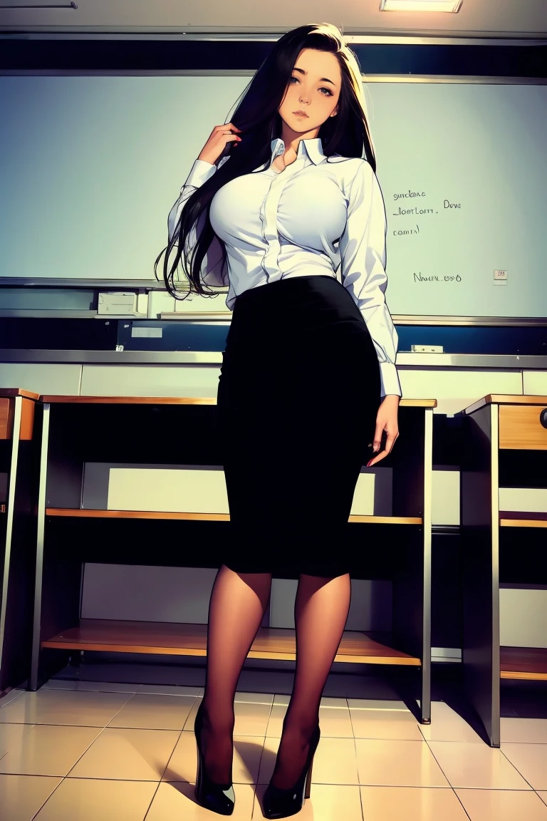 1 female, teacher, straight black very long hair, thick eyebrows, large breast, wearing long sleeve white shirt and black pencil skirt, black heels, front view, view from below, fullbody shot, inside empty classroom, blushing, embarrased, eyes half open, takatekote, on black board is wroten "Bad Teacher"