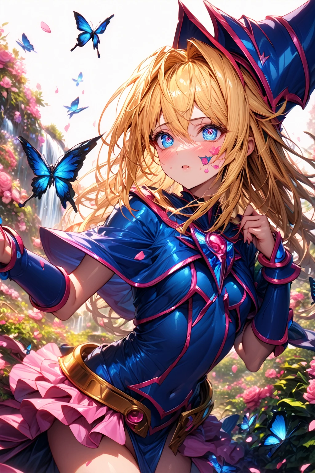 absurdres, highres, ultra detailed, HDR, master piece, Dark Magician girl, blonde hair, expressive blue eyes, woman, best quality, Yu-Gi-Oh, solo, sensual, extremely beautiful, petals, blue and pink clothes, detailed face, glittering eyes, detailed eyes, garden, accessories, blue butterflies, pink flowers, petals, waterfall,