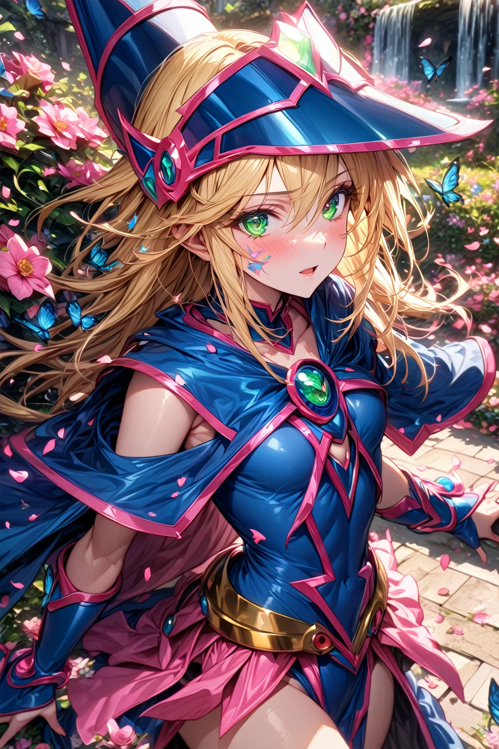 absurdres, highres, ultra detailed, HDR, master piece, Dark Magician girl, blonde hair, expressive green eyes, woman, best quality, Yu-Gi-Oh, solo, sensual, extremely beautiful, petals, blue and pink clothes, detailed face, glittering eyes, detailed eyes, garden, accessories, blue butterflies, pink flowers, petals, waterfall,