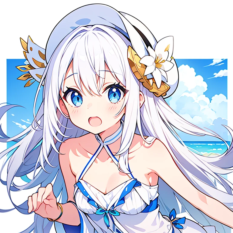 Swimwear、Mouth open、Pure white background、White hat with gold decoration、Long white hair