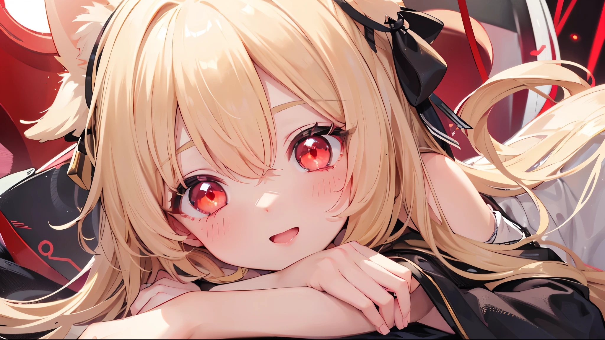 One girl、A little sexy、Blonde、Red sparkling eyes、detailed cute eyes,(glowing eyes:1.4),open mouth,((Droopy eyes))、Mouth mole　Medium Cut,Curly Hair、Dog ears、playful smile
