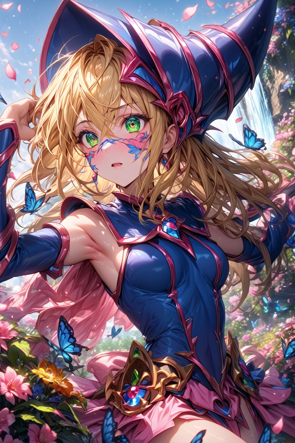 absurdres, highres, ultra detailed, HDR, master piece, Dark Magician girl, blonde hair, expressive green eyes, woman, best quality, Yu-Gi-Oh, solo, sensual, extremely beautiful, petals, blue and pink clothes, detailed face, glittering eyes, detailed eyes, garden, accessories, blue butterflies, pink flowers, petals, waterfall,