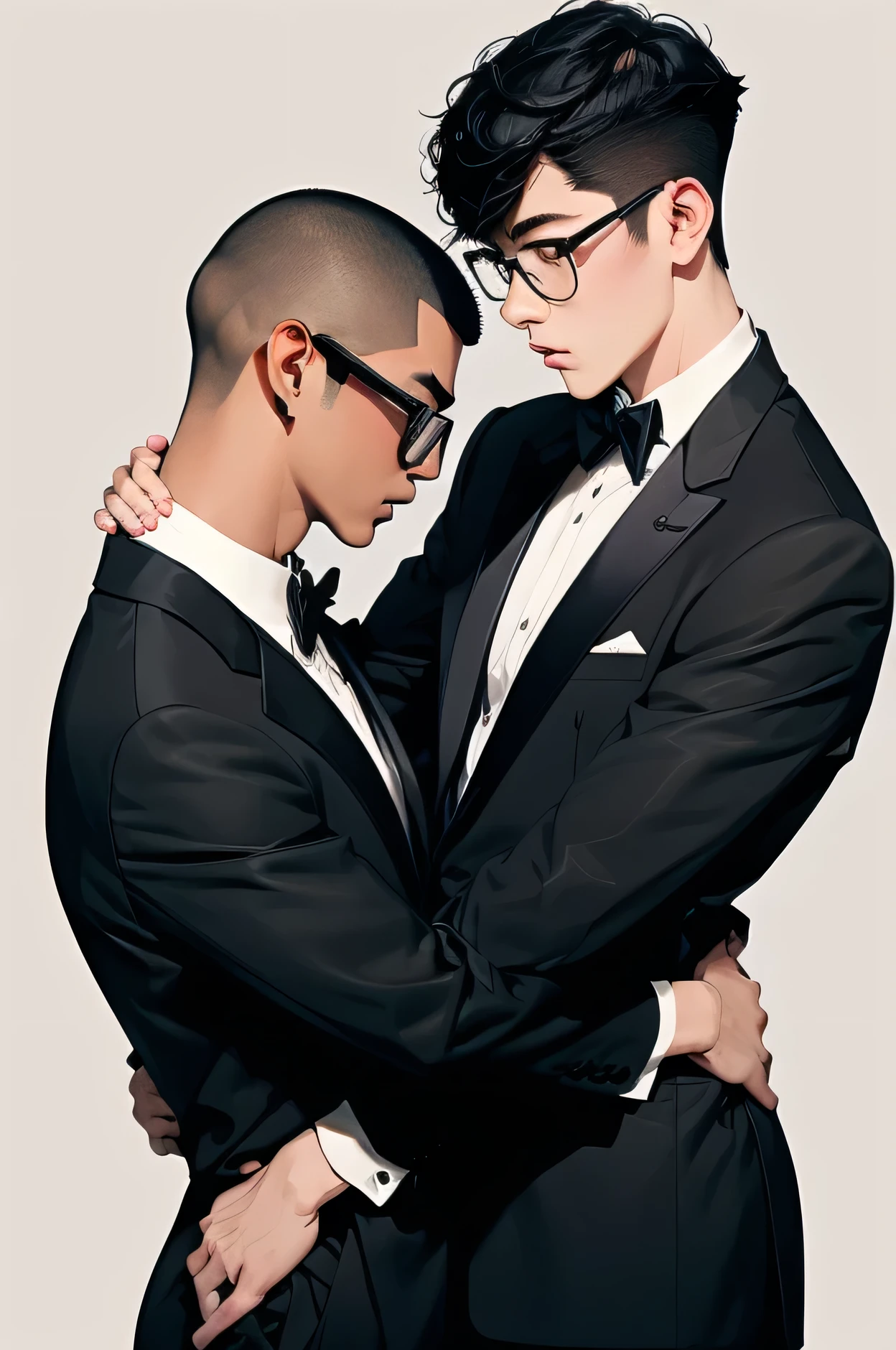 Japanese　　Handsome　Short cut　Shaved head　Black Hair　male　Fierce　Metal Frame Glasses　Black Tuxedo　formal　Upper Body　Background Universe　Short cut　Shaved head　Men flirting with each other