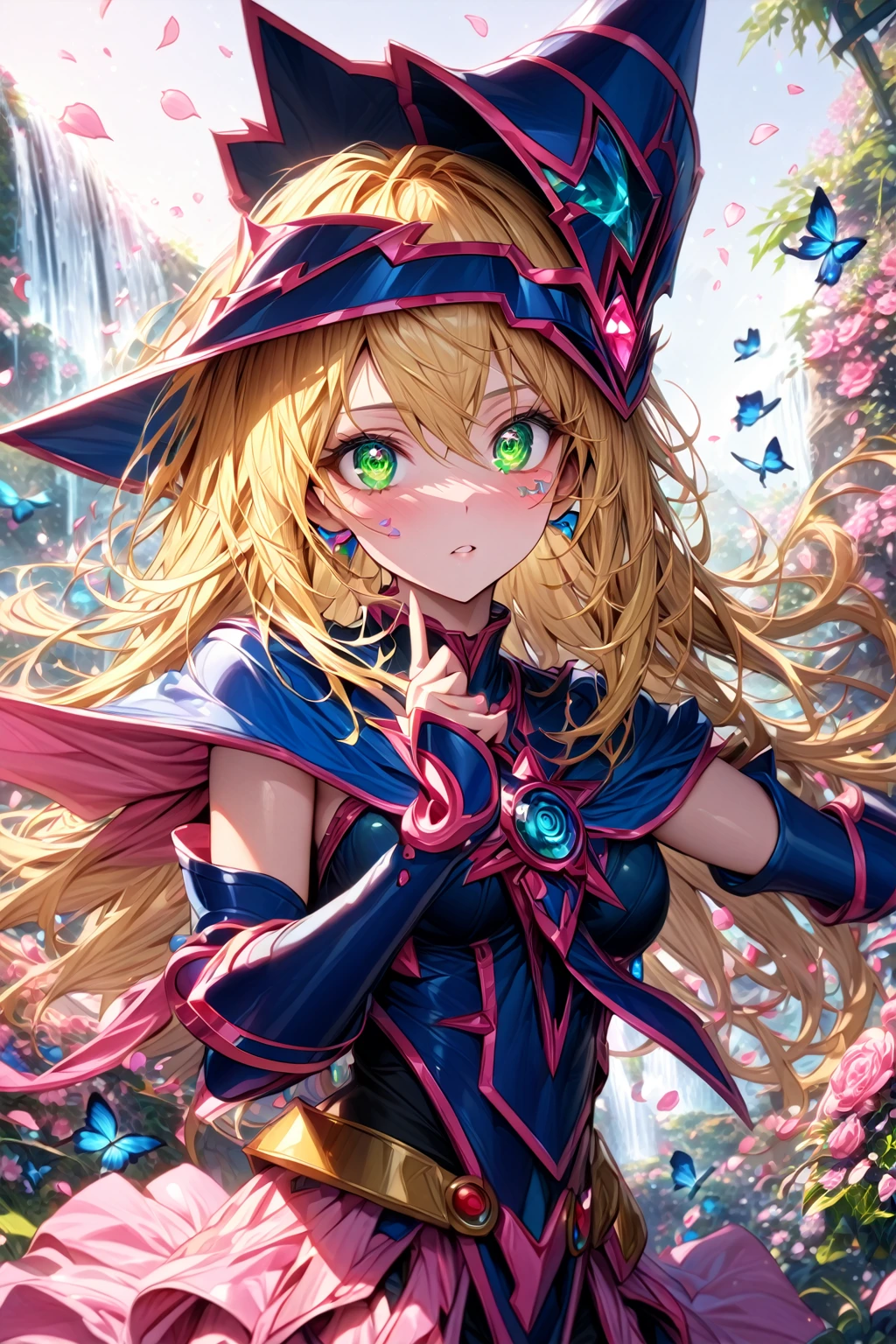 absurdres, highres, ultra detailed, HDR, master piece, Dark Magician girl, blonde hair, expressive green eyes, woman, best quality, Yu-Gi-Oh, solo, sensual, extremely beautiful, petals, blue and pink clothes, detailed face, glittering eyes, detailed eyes, garden, accessories, blue butterflies, pink flowers, petals, waterfall,