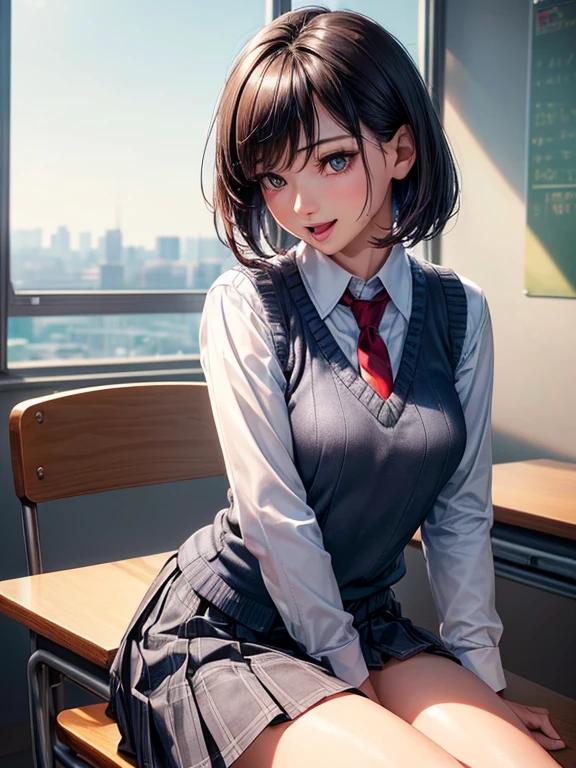 ((Highest quality, 8K, masterpiece: 1.3)),((Amazing details: 1.2)),((shape: 1.1)), (Realistic, photoRealistic:1.4), Female Solo,high school girl、Shiny skin, thin, beautiful 髪, Beautiful Face, Highly detailed face, Beautiful attention to detail, Beautiful clavicle, Beautiful body, Beautiful breasts, Beautiful thighs, Beautiful legs, Beautiful fingers, (High-quality fabric, (Navy knit vest), red checked tie, White long sleeve collared shirt, Grey plaid pleated skirt), Black socks, , (Beautiful views), morning, (classroom) 、Sitting at a desk,,short hair、 Long eyelashes, (Captivating smile, Upward glance, Small with open mouth),