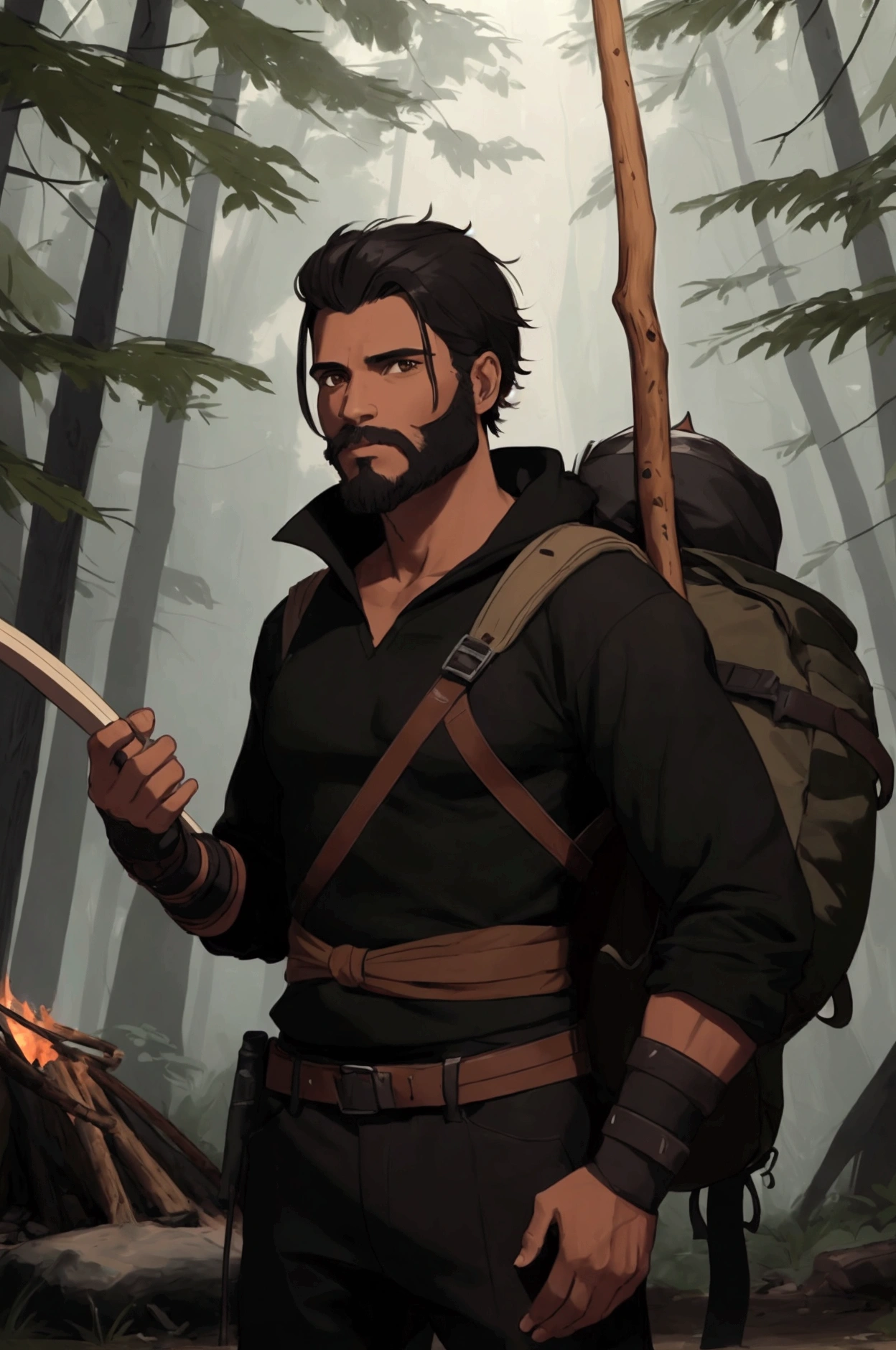 (centaurcpt),30 years old,(black hair and full beard),(best quality, 4k, 8k, high resolution, masterpiece: 1.2), detailed facial features, spectacular lighting, from above, anatomically correct, super detail,leather harness, hairy chest, rays of light in forest, ray tracing. 