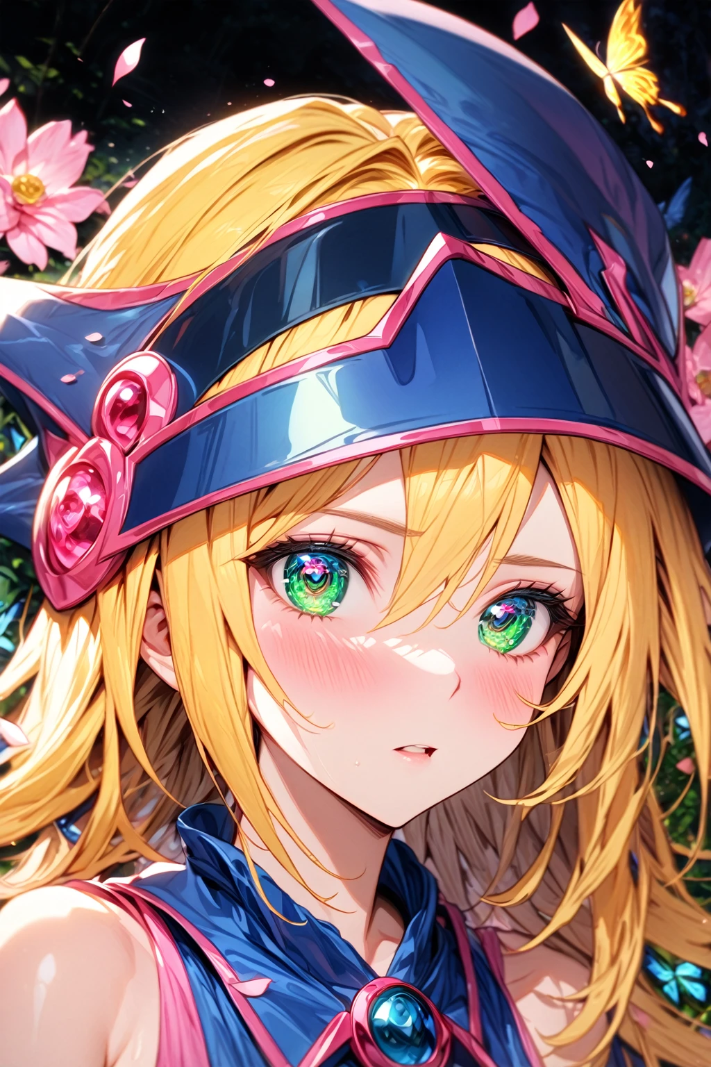 absurdres, highres, ultra detailed, HDR, master piece, Dark Magician girl, blonde hair, expressive green eyes, woman, best quality, Yu-Gi-Oh, solo, sensual, extremely beautiful, petals, blue and pink clothes, detailed face, glittering eyes, detailed eyes, garden, accessories, blue butterflies, pink flowers, petals, waterfall,