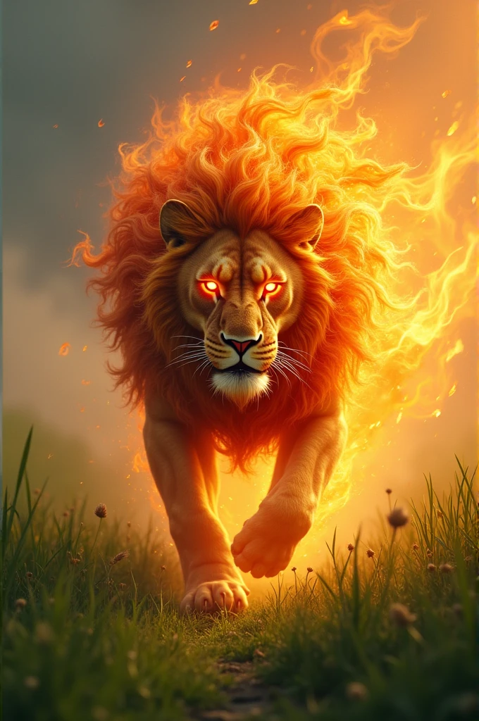 Fire lion, fire mane, running. Green field image background! 