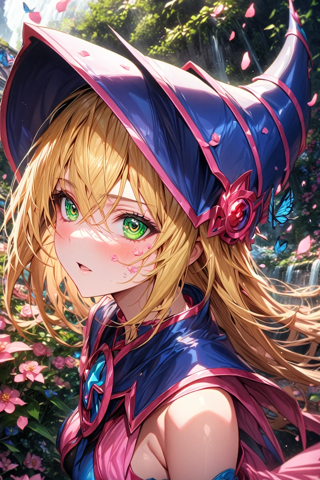 absurdres, highres, ultra detailed, HDR, master piece, Dark Magician girl, blonde hair, expressive green eyes, woman, best quality, Yu-Gi-Oh, solo, sensual, extremely beautiful, petals, blue and pink clothes, detailed face, glittering eyes, detailed eyes, garden, accessories, blue butterflies, pink flowers, petals, waterfall,