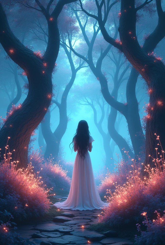 A young lady standing in a surreal, psychedelic jungle, surrounded by towering, multicolored trees with swirling, fractal patterns. The jungle is alive with vibrant, neon hues—glowing greens, radiant purples, and fiery oranges. The ground is covered in luminescent, bioluminescent plants that emit a soft, pulsating light. Strange, abstract creatures with fluid forms and glowing eyes move through the foliage. The sky above is a swirl of kaleidoscopic colors, with floating orbs of light drifting lazily. The young lady is dressed in a flowing, ethereal dress that subtly changes colors to match the surrounding environment. Her expression is one of calm and curiosity as she gazes at the mesmerizing scenery. Soft, ethereal light bathes the scene, creating intricate, shifting shadows.