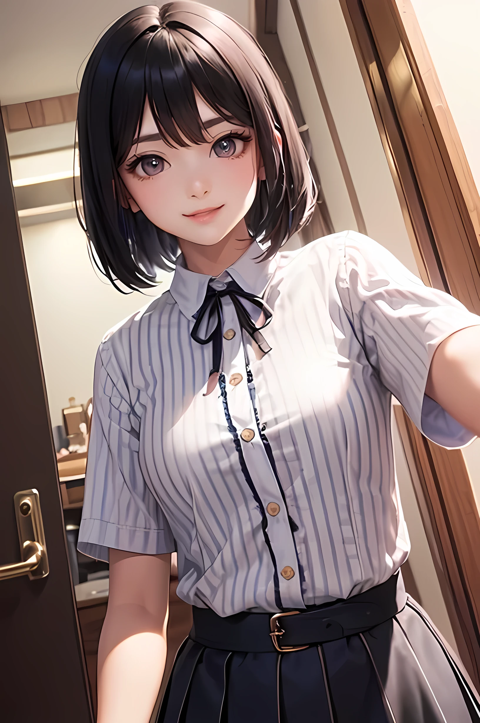 very cute and beautiful girl,,(Very exquisite beautiful face and eyes:1.2),uniform,sit at a desk in a classroom,(Medium Hair),Black Hair,Cowboy Shot,Dynamic Angle, (highest quality,masterpiece:1.2),Very detailed,High resolution,alone,