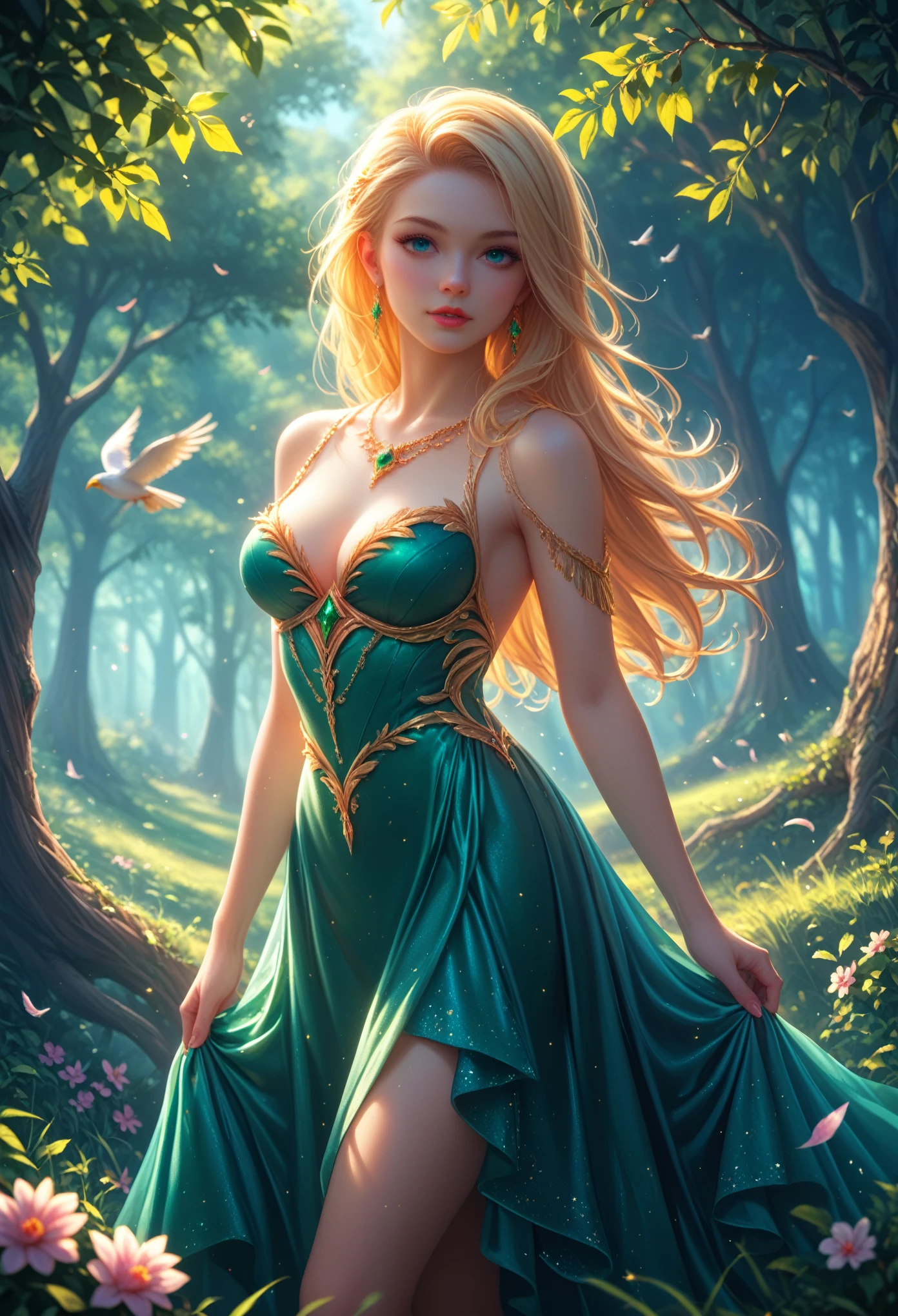 young woman, sexy, Beautiful Body Shapes, Red-Green Dress with Golden Shimmers, Eagle Bird Standing Next To Girl Beautiful, Game of Shadows, masterpiece, Beautiful Clear Colors, Full Detailing, green grass, Maple trees, sunny day, Beautiful views, complex details, Maximum Quality, 8 k, 