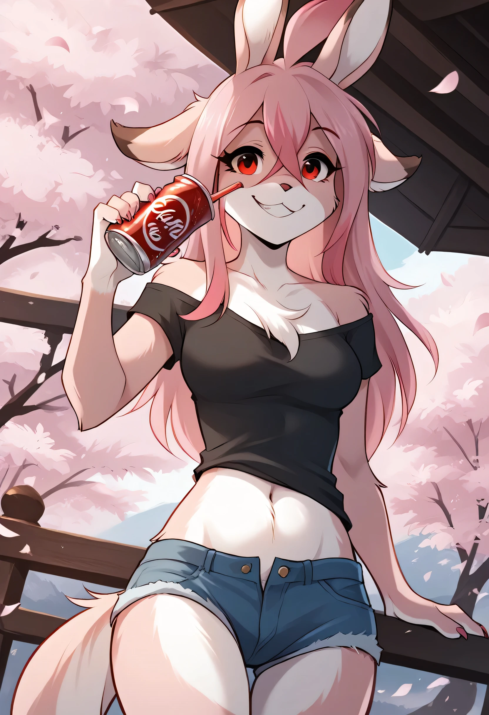 Nazuna_Hiwatashi, furry, furry female, white skin, ears, cola, smile, red eyes, outside, pink hair, multicoloured hair, wearing a black top, jean shorts, by gudlmok99, by kikurage, medium breasts, posing playfully, Alone:1.2, cherry blossoms in the background