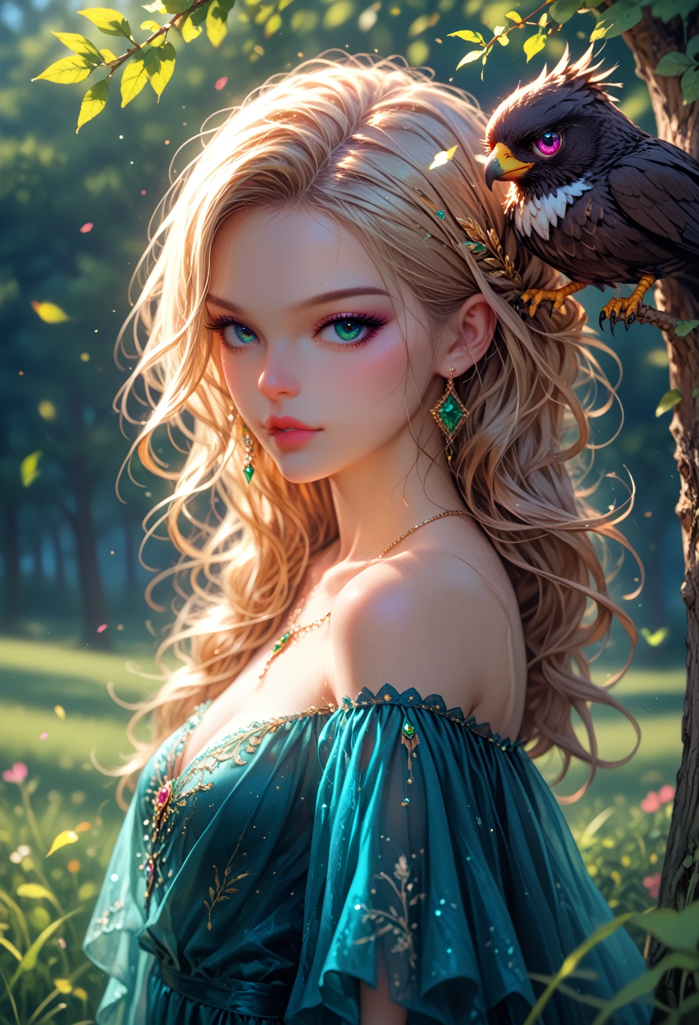 young woman, sexy, Beautiful Body Shapes, Eagle of the Polish Bird Breed Beautiful and Clearly Detailed, Standing Next to a Beautiful Girl, Game of Shadows, masterpiece, Beautiful Clear Colors, Full Detailing, green grass, Maple trees, sunny day, Beautiful views, complex details, Maximum Quality, 8 k, 