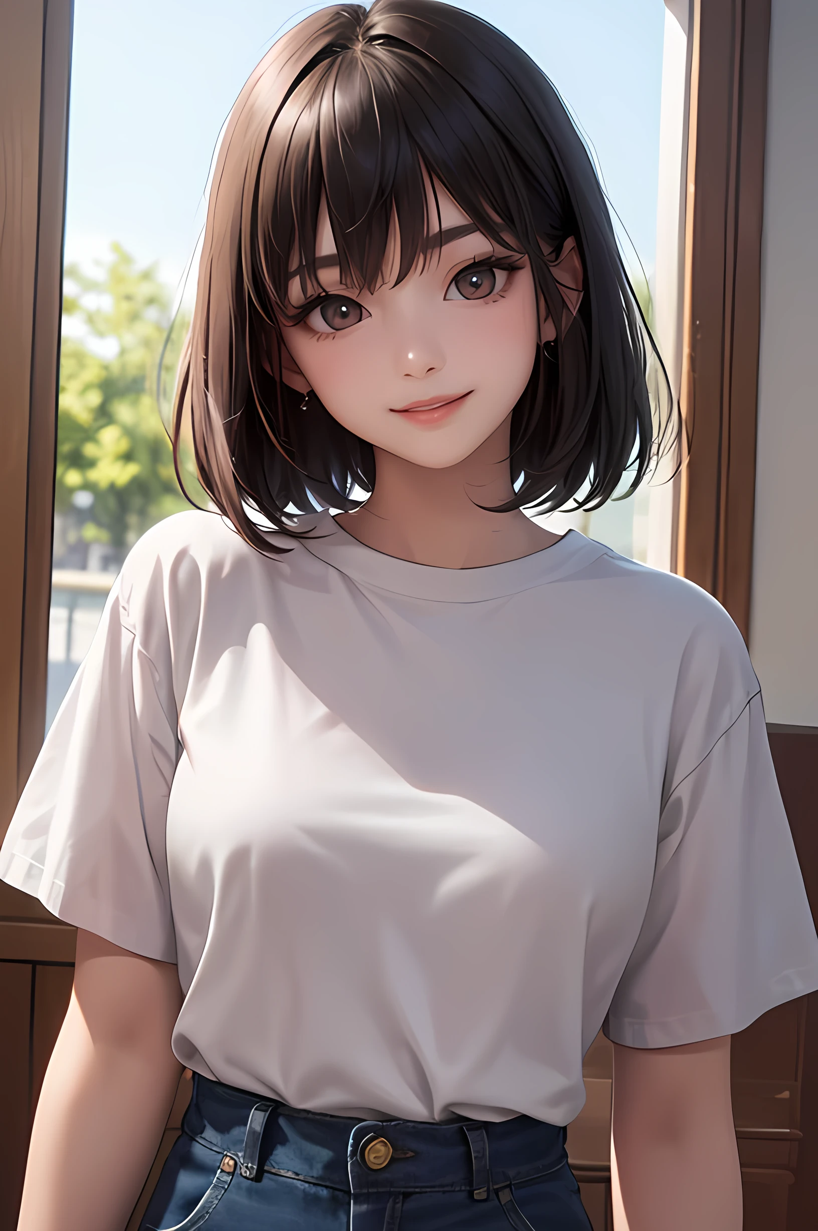 Best quality, best resolution, detailed depiction, delicate depiction, diverse lighting, masterpiece, ultra-high resolution, photorealistic, best quality, 8K, perfect, a girl who is too cute like a cat, her pose is like an animal, a loose T-shirt,