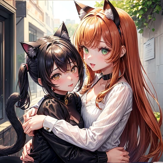 (Beautiful detailed eyes,Beautiful detailed lips,extremely detailed eye and face,longeyelashes,Cat's ears,Cute girl in ribbon uniform,Cute uniform,Blazer,laughing loud,attractive girl,Best Quality,busty,masutepiece:1.2,stunning figure,Erotically cute,Ultra-high resolution,Gorgeous girl,Lovely girl,Multi-colored hair,Relaxation Socks,High resolution,gorgeous eyes,Perfect beauty) (​masterpiece、top-quality、top-quality、watercolor paiting(Curly)、Official art、Beautifully Aesthetic:1.2)、(２girl with:1.3)、(Fractal Art:1.3)、The upper part of the body、From Side、looking at the viewers、patterns、(rainbow-colored hair、colourful hair、Half blue and half pink hair:1.2)、((A detailed４This refers to、Detail of thumb joint))、Eau、gases、云、colourfull、Soap bubbles、Deep kissing、I'm、violate、Detailed ?????????、