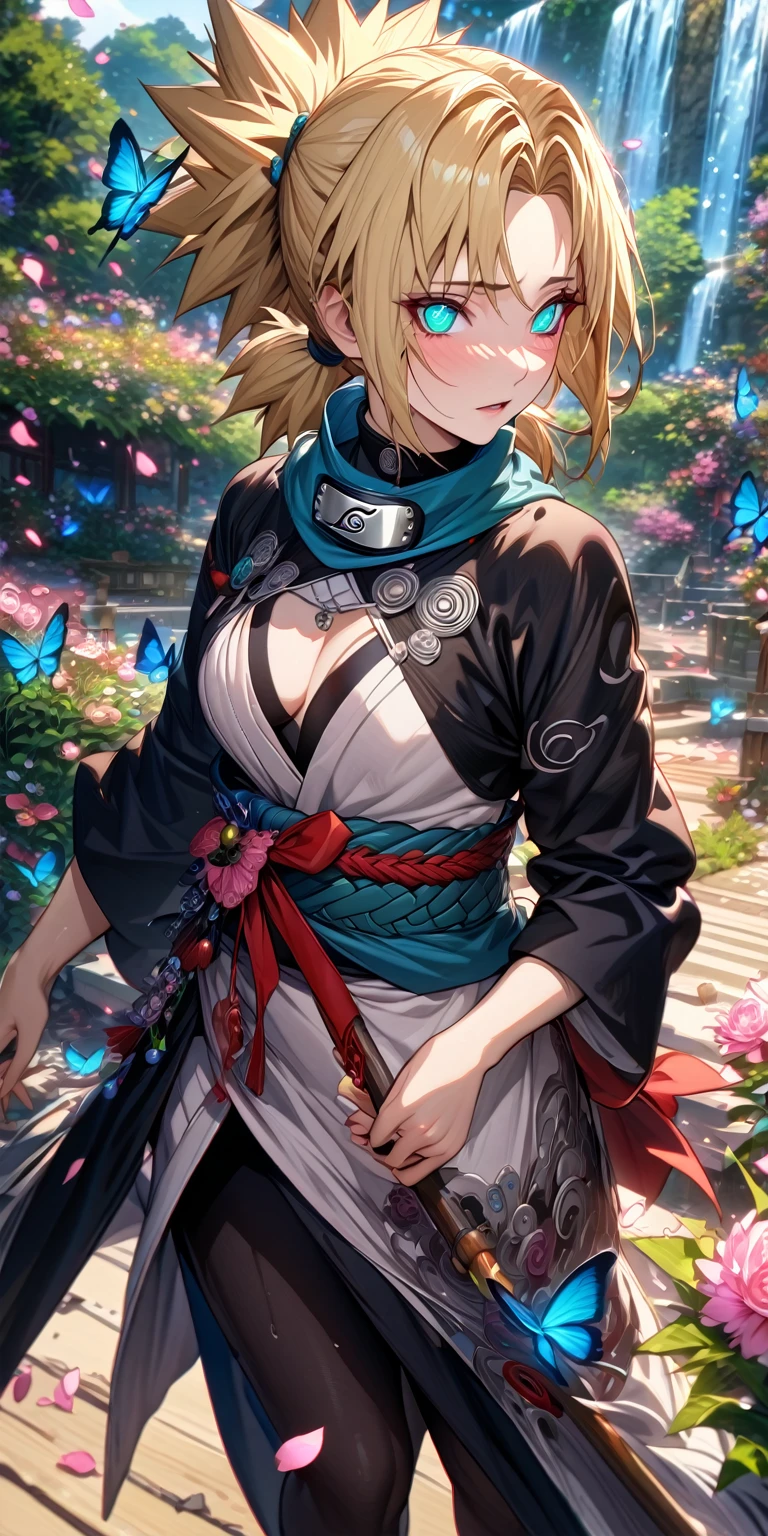 absurdres, highres, ultra detailed, HDR, master piece, Temari, sand blonde hair, expressive teal eyes, woman, best quality, Naruto Shippuden, solo, sensual, extremely beautiful, petals, white clothes, red ribbon, detailed face, glittering eyes, detailed eyes, garden, accessories, blue butterflies, pink flowers, petals, waterfall,