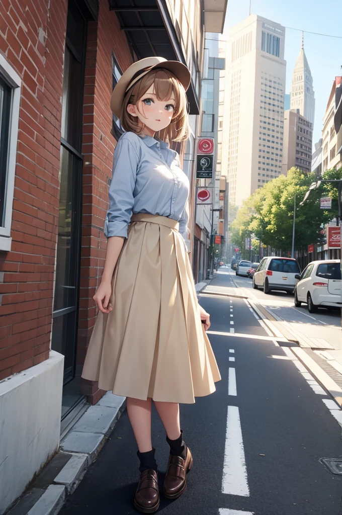 masterpiece, best quality, 1girl, idcsmiu, black shirt, brown skirt, long skirt, from behind, walking, (cum pool:1.2), black high heels, jewelry, necklace, earrings, (street:1.2)