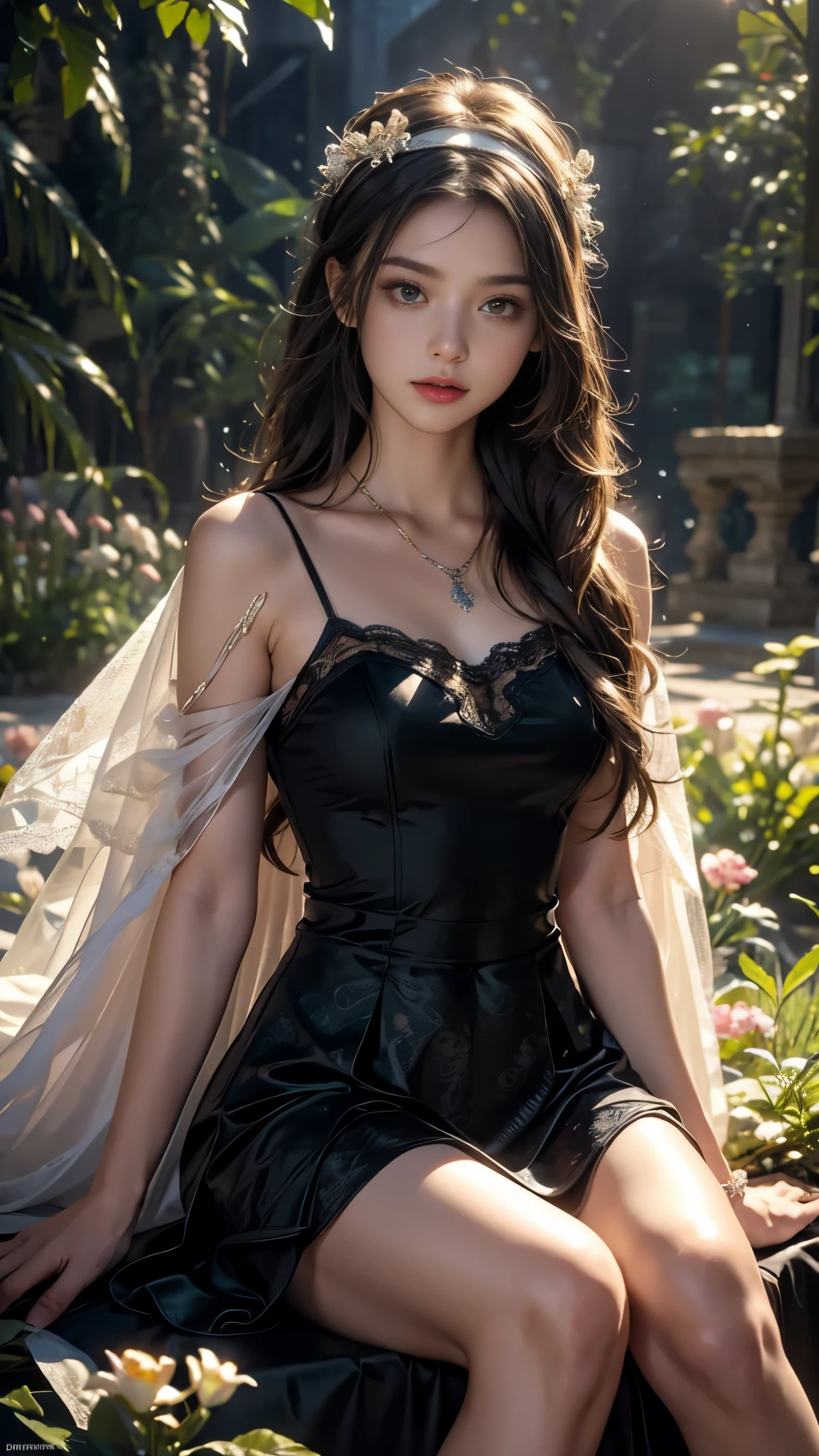 4K, UHD, Masterpiece, 1 girl, good face, detailed eyes, ((very long hair)), bridal hairstyle, butterfly on hair, ornaments, crystal ornaments, jwellery, block print dress, ((silver dress)), very detailed dress, strap dress, flowing cape, mesh stocking, cinematic unreal scenery, legendary scenery, rainy weather, wet ground, depth of field, ray tracing, bloom, god rays, lens flare, sun flare, cinematic pose, sitting,