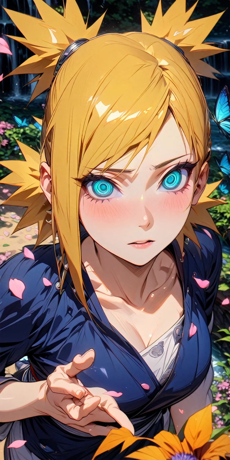 absurdres, highres, ultra detailed, HDR, master piece, Temari, sand blonde hair, expressive teal eyes, woman, best quality, Naruto Shippuden, solo, sensual, extremely beautiful, petals, white clothes, red ribbon, detailed face, glittering eyes, detailed eyes, garden, accessories, blue butterflies, pink flowers, petals, waterfall,