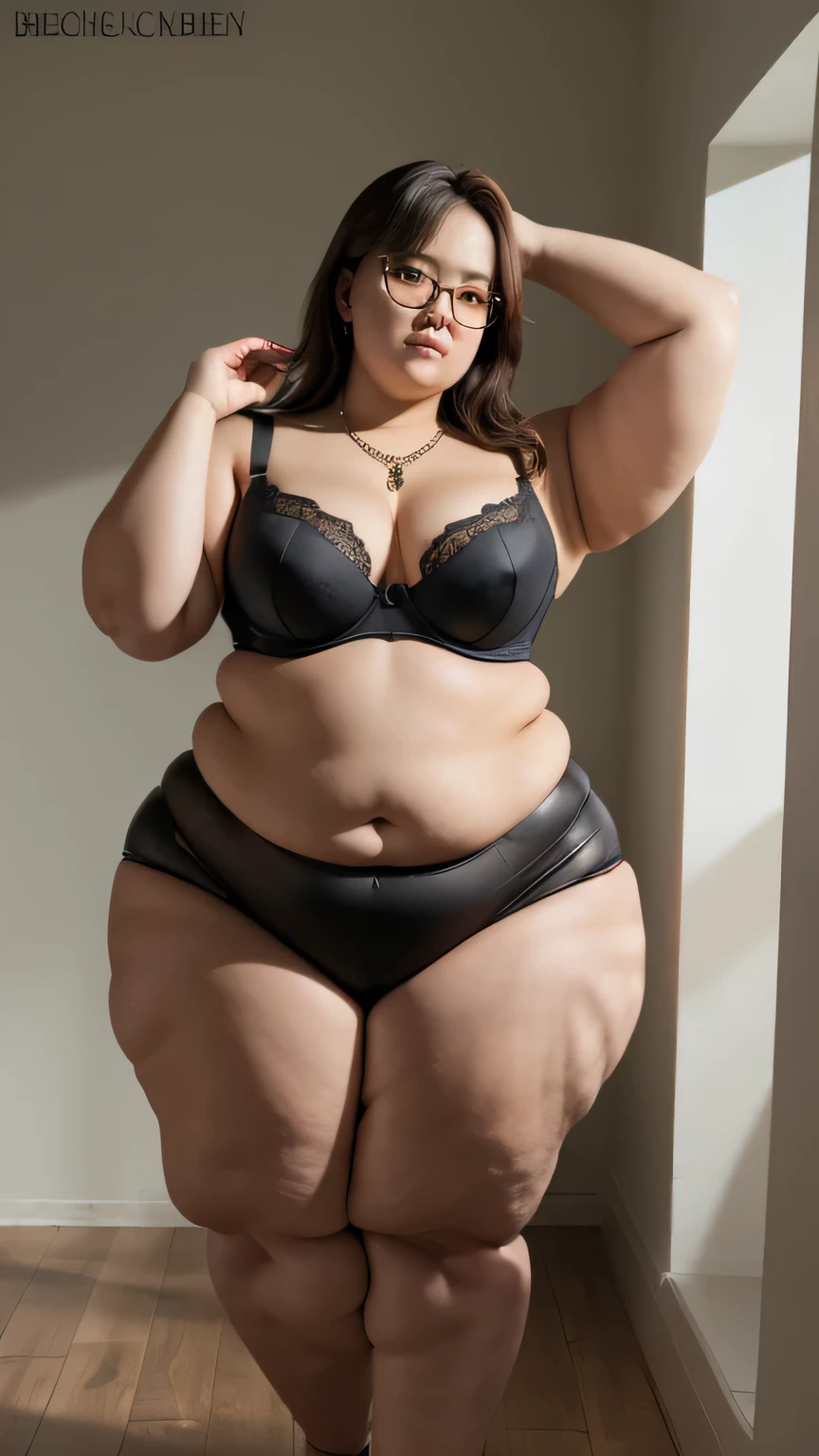 Very fat ??? girl , obese , age 15 years , very fat body , in underground prison ,face excited , full body, panties , bra