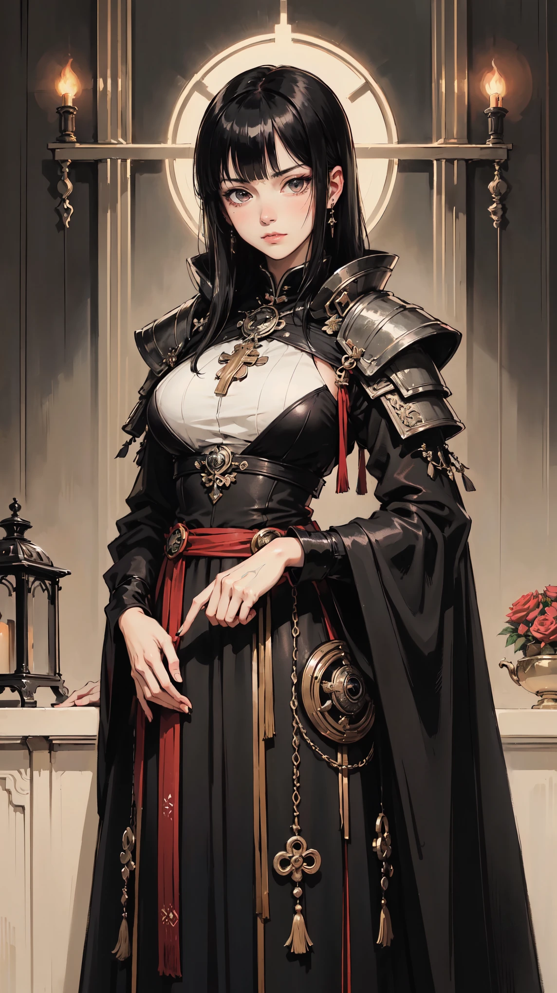 (Best Quality:1.2), (high resolution:1.2), (beautiful face and eye:1.5), (Depth of field:1.2), (Modern anime drawing art ,mate dark colors , oil painting thick strokes and thin patterns ,), (solo focus pose in motion) , (Tall man in tone 25 years, with long black straight hair, dark green irises) , ( Dark priest ! dressed in armored robe dark priest , all clothes in dark colors ,and with metal parts and patterns on the fabric . luxury suit, )