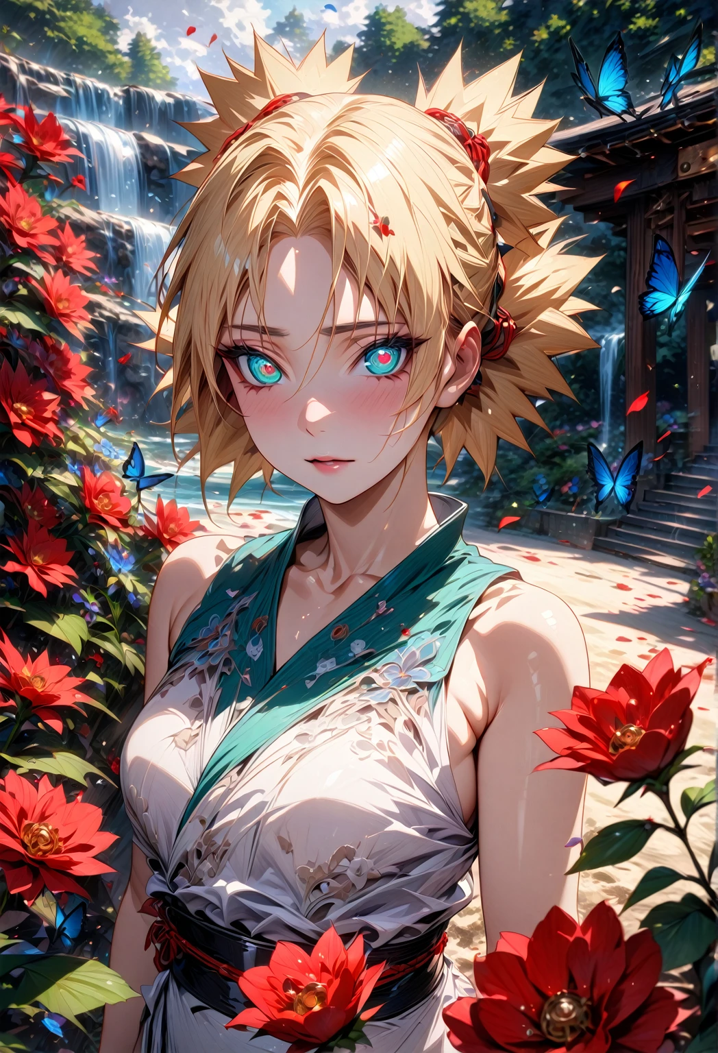 absurdres, highres, ultra detailed, HDR, master piece, Temari, sand blonde hair, expressive teal eyes, woman, best quality, Naruto Shippuden, solo, sensual, extremely beautiful, petals, white clothes, red ribbon, detailed face, glittering eyes, detailed eyes, garden, accessories, blue butterflies, red flowers, petals, waterfall,