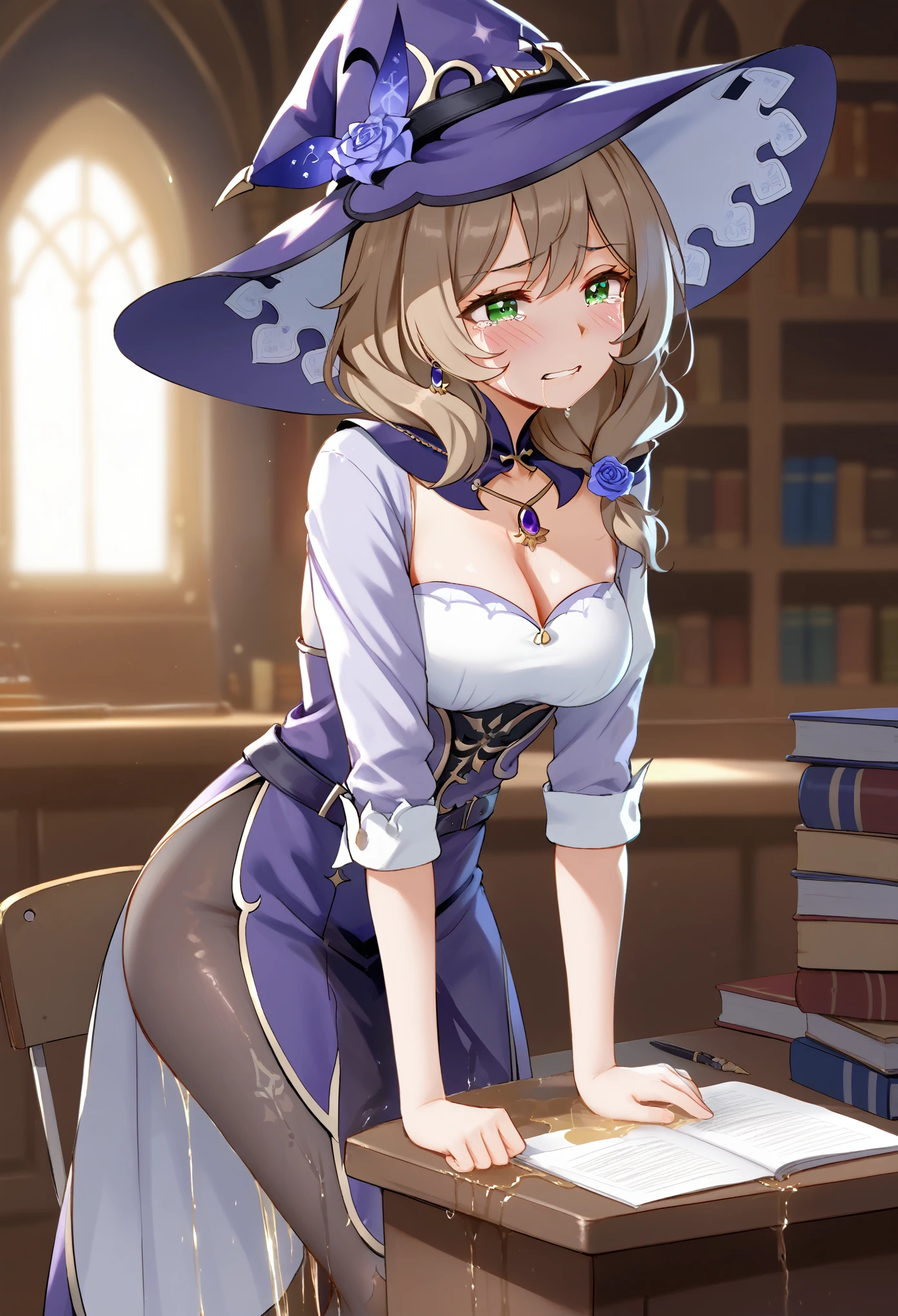 (\li sha\), 1girl, breasts, lisa \(genshin impact\), A detailed portrait of a young woman with beautiful green eyes, brown hair, and bangs, wearing a witch hat, dress, pantyhose, and purple headwear with earrings, (1girl, detailed eyes, extremely detailed face), beautiful detailed eyes, extremely detailed eyes and face, long eyelashes, brown hair, green eyes, witch hat, purple headwear, earrings, long hair, bangs, hair ornament, (wetting self:2.0), humiliation, blushing, angry, tears, standing, (best quality, 4k, 8k, highres, masterpiece:1.2), ultra-detailed, HDR, UHD, studio lighting, ultra-fine painting, sharp focus, physically-based rendering, extreme detail description, professional, vivid colors, bokeh, portrait