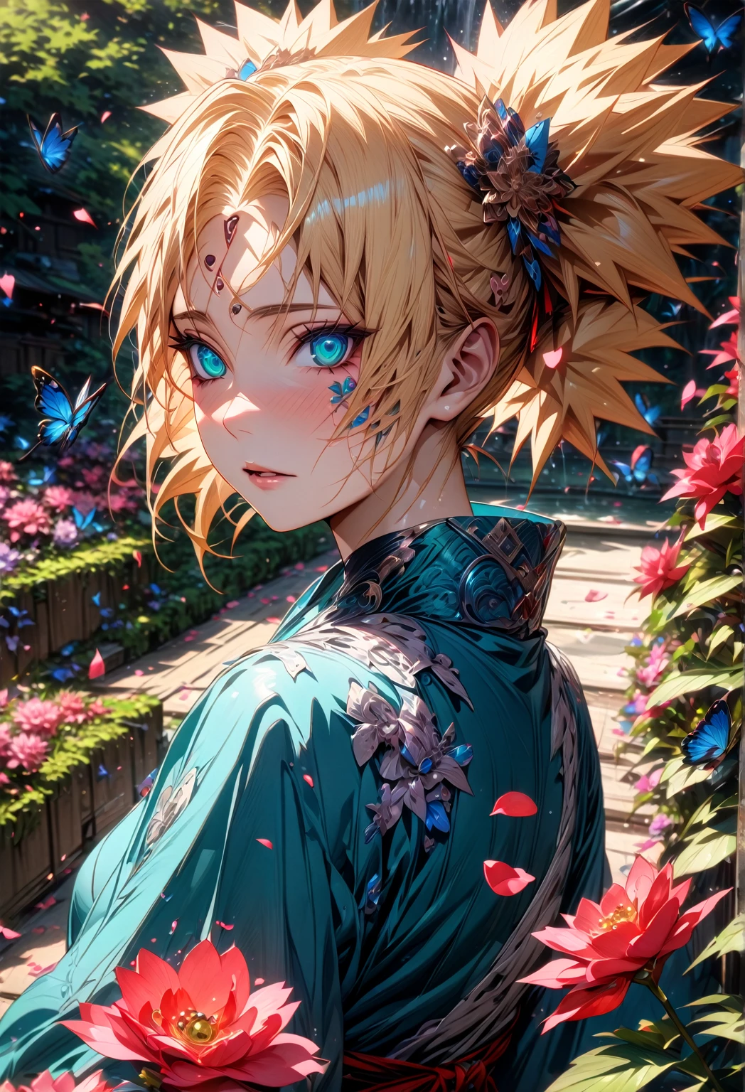 absurdres, highres, ultra detailed, HDR, master piece, Temari, sand blonde hair, expressive teal eyes, woman, best quality, Naruto Shippuden, solo, sensual, extremely beautiful, petals, white clothes, red ribbon, detailed face, glittering eyes, detailed eyes, garden, accessories, blue butterflies, pink flowers, petals, waterfall,