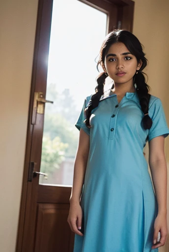 Raw photo , 1 girl  ,Wearing  salwar kameez uniform,  girl, with plait , professional photographer, (hdr:1.4), masterpiece, ultra-realistic 8k, perfect artwork, intrincate details, cute face, award winning photograph, (Best quality, 8k, 32k, Masterpiece, UHD:1.3) 