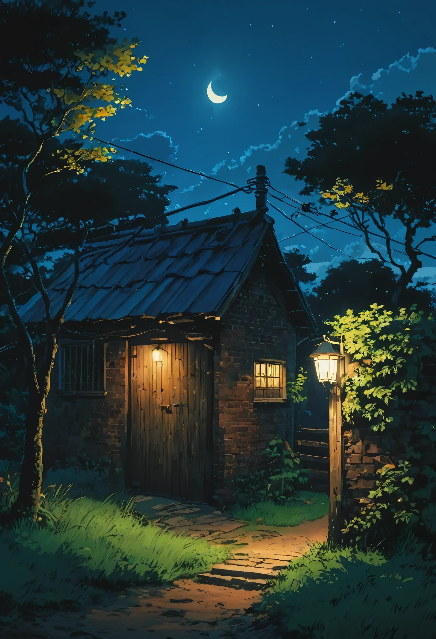 (Minimalism:1.4), Draw a simple Tintin style art aerial view, an old brick hut!!! , cracked walls, remote haunted place, hanging lamp on a post, wire, dense vegetation around, darkness, Evening, moon hidden behind clouds, warm illuminated windows, tree branch, muddy path dimly lit by a lamp, dim lights, wooden fence, silence, dreamy vibrant tones, nobody, like a movie scene, cinematic tones, scenic, micropaisaje, intrinsic details, dark, micropaisaje, intrinsic details
Arte del estudio Ghibli, miyazaki, , Makoto Shinkai!!, anime movie background best quality best of SeaArt HD