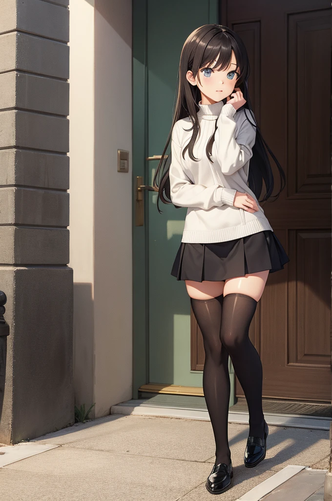 Girl, long hair, mini shorts, pantyhose, loose sweater, relieved, smiling, blushing, embarrassed, ((((pee stain)))), open legs, dark alley.