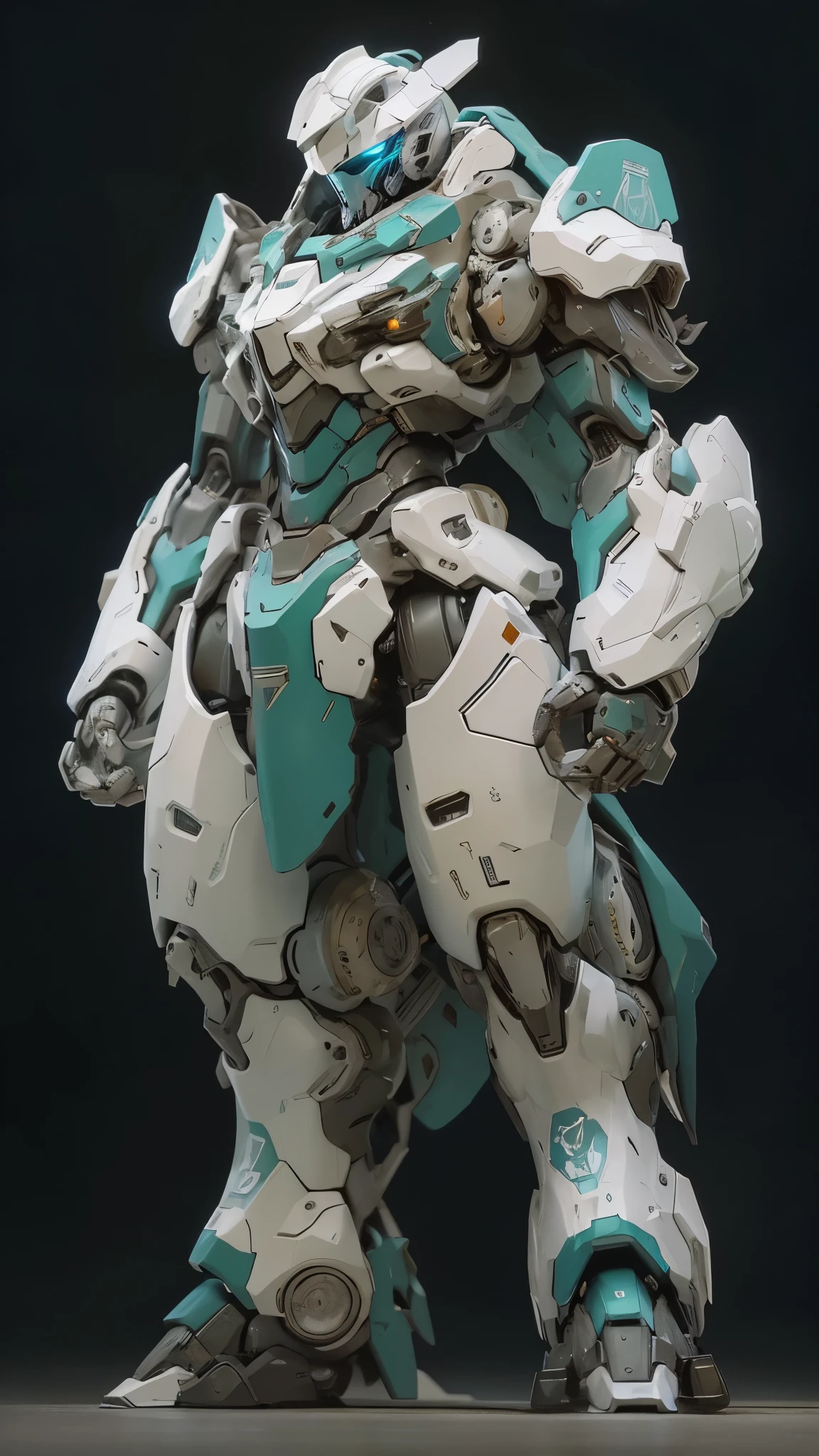 Prompt:
Create a futuristic mech warrior standing in a dark, industrial setting. The mech should be primarily white with teal accents, and its design should be sleek and streamlined. The lighting should be dramatic, with a strong focus on the mech and a deep, atmospheric background. The character piloting the mech should be visible through the transparent cockpit, wearing a futuristic suit and helmet. The mech's pose should be dynamic and assertive, suggesting power and readiness for combat.
Image Breakdown:
 * Character: A humanoid mech warrior.
 * Coloring: Primarily white with teal accents, creating a clean and futuristic aesthetic.
 * Lighting: Dramatic, with a strong focus on the mech and a deep, atmospheric background.
 * Setting: A dark, industrial environment, such as a factory or spaceship hangar.
 * Pose: Dynamic and assertive, suggesting power and readiness for combat.
 * Details: Transparent cockpit revealing the pilot, futuristic design elements, and intricate mechanical details.
