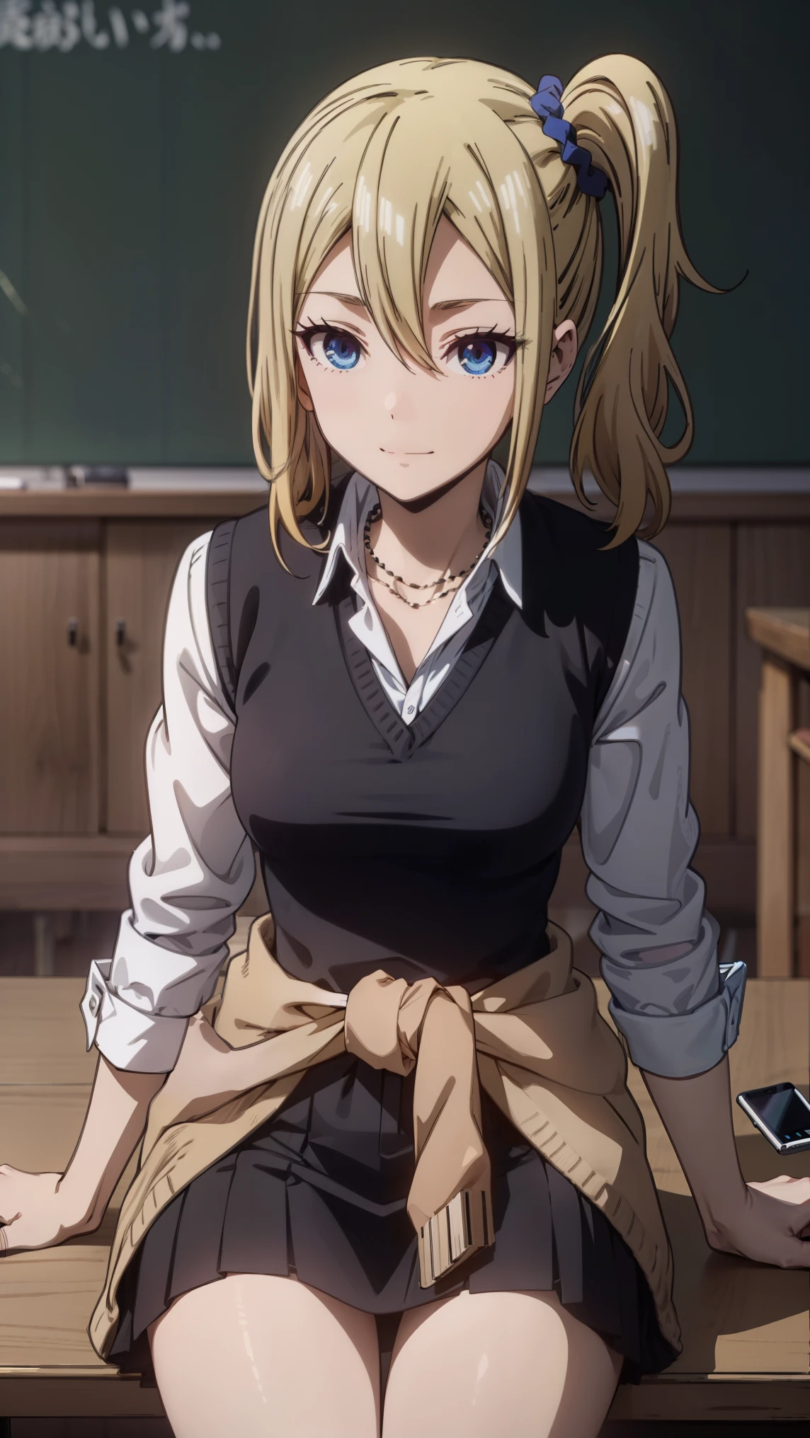((Master Quality、8k、masterpiece:1.3、Super detailed、High resolution、((anime、anime塗り、RAW Photos、Symmetrical eyes、Detailed eyes、Eye Light、Eye highlights))、HDR)),(1girl, Alone, aihayasaka),ai hayasaka, bangs, blue eyes, blonde hair, hair ornament, hair between eyes, sidelocks, side ponytail, scrunchie, hair scrunchie, blue scrunchie, BREAK shirt,necklace ,long sleeves, school uniform, shoes, socks, sweater, Cardigan, black socks, clothes around waist, shuuchiin academy school uniform, sweater around waist, Cardigan around waist,smile (sitting on a chair looking at his mobile phone:1.1、Upper body only、Face close up),(Holding a smartphone), classroom,