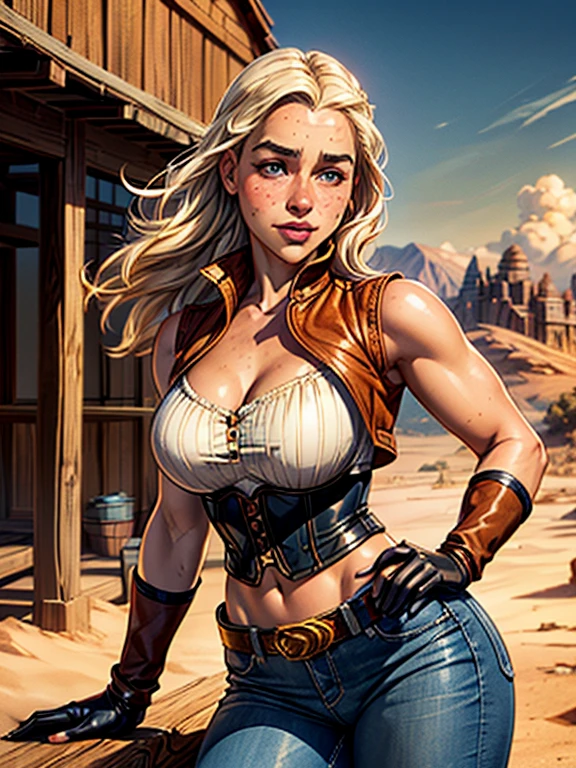 Emilia Clarke, , beautiful woman, realistic face, platinum blonde hair, perfect breasts, , , thighs, hips, navel, , seductive smile, beautiful detailed eyes, beautiful detailed lips, beautiful detailed nose,. Blue headband, black leather Corset, open leather vest, blue jeans, cowboy boots, leather gloves, 8k, highres, dramatic lighting, dramatic shadows, cinematic composition, realistic face, blushing, freckles, body freckles,. Outdoors, warm color tones, golden hour, desert landscape, wooden buildings, saloon, dirt roads, dust storms, windblown hair,, looking at the viewer,, star fighters in the sky, detailed pokies 