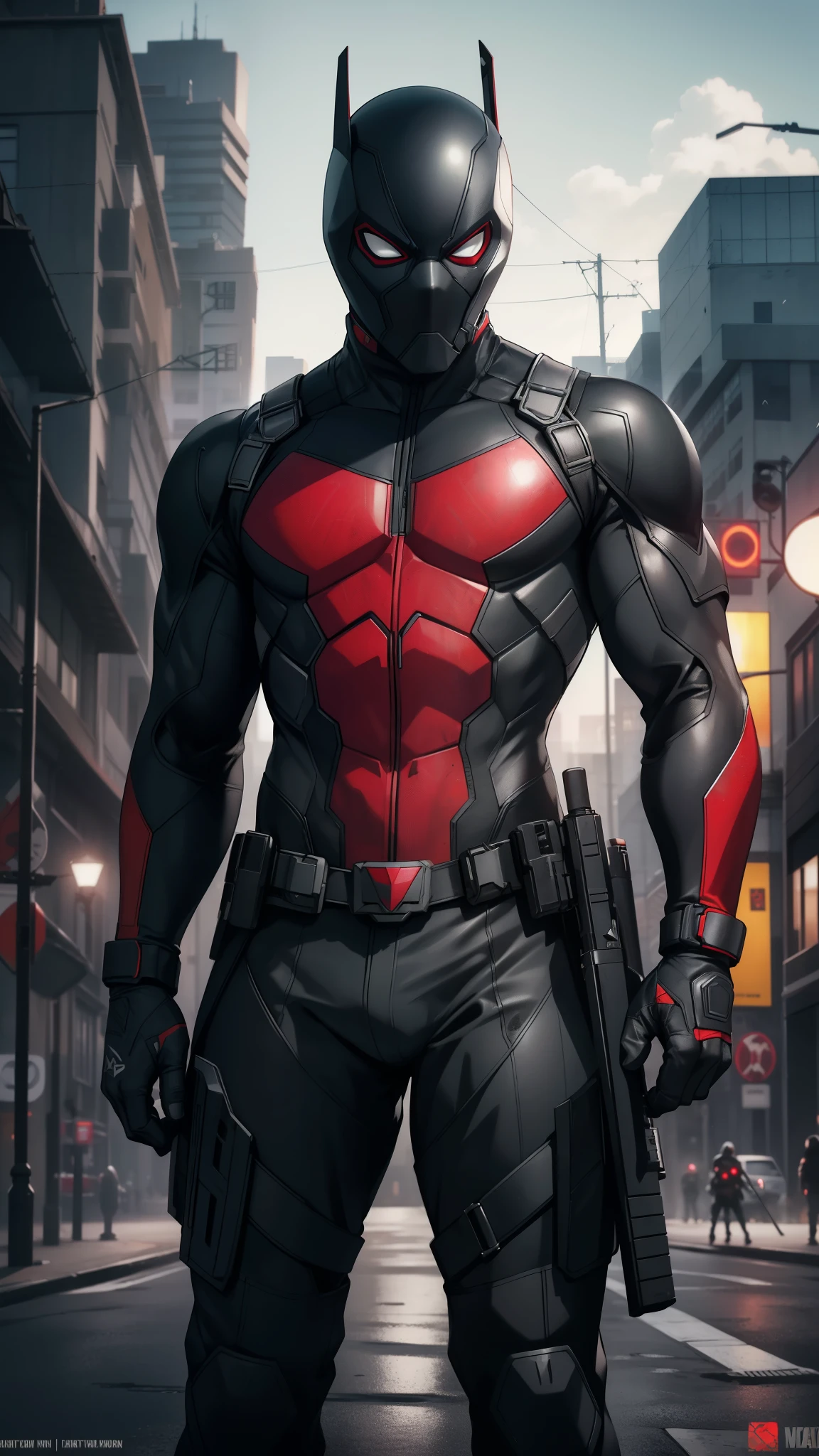 Black and gray modern combat suit, Fully steel carbon helmet (no visor), vigilante, urban background, Dark and windy, masterpiece, realistic, Ultra HD, ultra high resolution, 8K, cinematic, upscale. Slade Mask, maroon accents, no chest armor, deadpool, taskmaster, red hood.