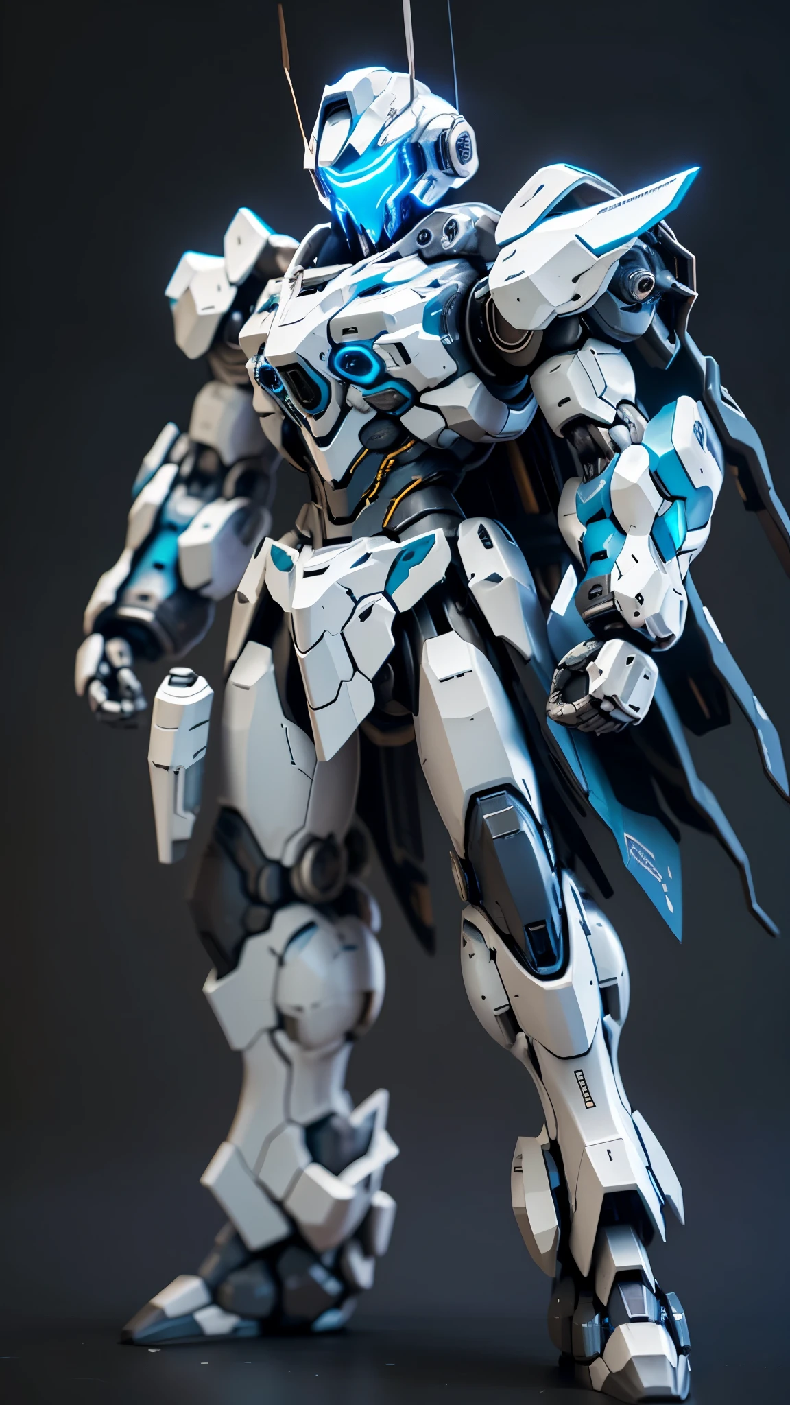 Prompt:
Create a futuristic mech warrior standing in a dark, industrial setting. The mech should be primarily white with teal accents, and its design should be sleek and streamlined. The lighting should be dramatic, with a strong focus on the mech and a deep, atmospheric background. The character piloting the mech should be visible through the transparent cockpit, wearing a futuristic suit and helmet. The mech's pose should be dynamic and assertive, suggesting power and readiness for combat.
Image Breakdown:
 * Character: A humanoid mech warrior.
 * Coloring: Primarily white with teal accents, creating a clean and futuristic aesthetic.
 * Lighting: Dramatic, with a strong focus on the mech and a deep, atmospheric background.
 * Setting: A dark, industrial environment, such as a factory or spaceship hangar.
 * Pose: Dynamic and assertive, suggesting power and readiness for combat.
 * Details: Transparent cockpit revealing the pilot, futuristic design elements, and intricate mechanical details.
