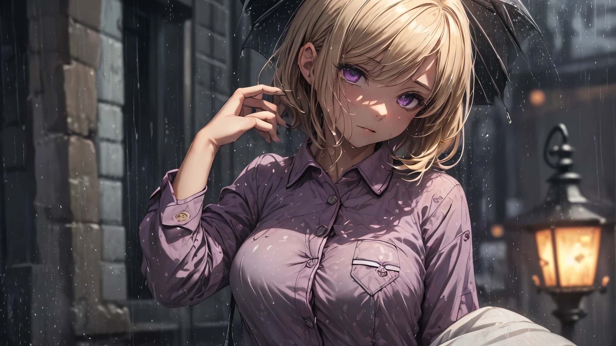 (master quality, amazing detail, amazing eyes), (((raining, heavy rain, soaking wet, very wet, drenched, lots of rain drops), ((depressed purple eyes)), 1girl, wearing nothing but a teal coloured buttoned-up pyjama top, (teal shirt, Teal coloured top, pyjama shirt, naked, with amazingly beautiful purple eyes, (short caramel-blonde hair), B-cup breasts, small chest, slender body, short hair, outside, nighttime, soaking wet, drenched with rain, raindrops, heavy rain, lots of rain, very dark, comfy looking pyjama top. very dark nighttime, the sole source of light is an amber street light, totally nude except for her soaking wet and detailed pyjama shirt, soaking wet, soaking wet hair, hair clinging to her face, dripping wet hair, water dripping off her soaked hair, street, pavement, town, (Very dark image, very dark nighttime, barely illuminated by dull amber light), short pyjama shirt, short buttoned pyjama top, detailed Pyjama top, nipples just barely subtly peering through the wet fabric, very small chest, petit, B-cup breasts, covered chest, ((Tiny chest)), ((Detailed pyjamas, fully buttoned up)),