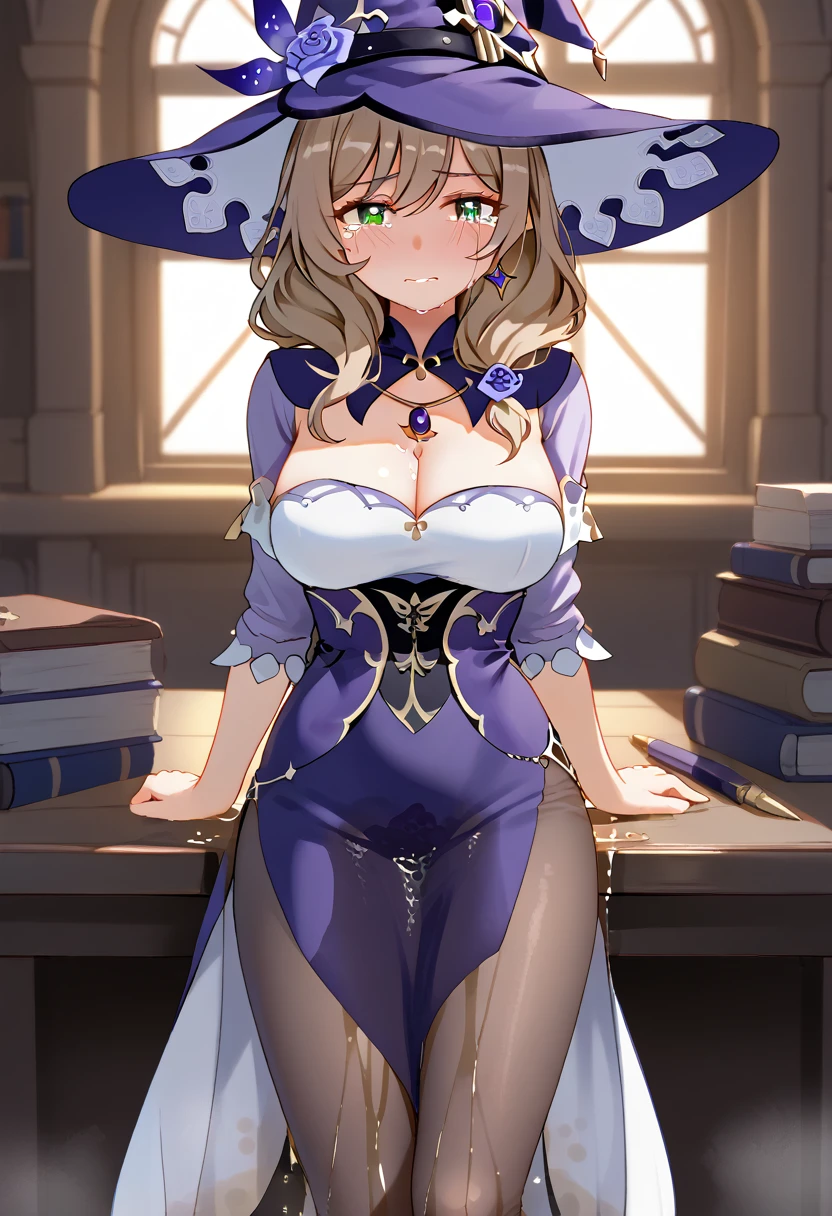 (\li sha\), 1girl, breasts, lisa \(genshin impact\), A detailed portrait of a young woman with beautiful green eyes, brown hair, and bangs, wearing a witch hat, dress, pantyhose, and purple headwear with earrings, (1girl, detailed eyes, extremely detailed face), beautiful detailed eyes, extremely detailed eyes and face, long eyelashes, brown hair, green eyes, witch hat, purple headwear, earrings, long hair, bangs, hair ornament, (wetting self:2.0), humiliation, blushing, angry, tears, standing, (best quality, 4k, 8k, highres, masterpiece:1.2), ultra-detailed, HDR, UHD, studio lighting, ultra-fine painting, sharp focus, physically-based rendering, extreme detail description, professional, vivid colors, bokeh, portrait